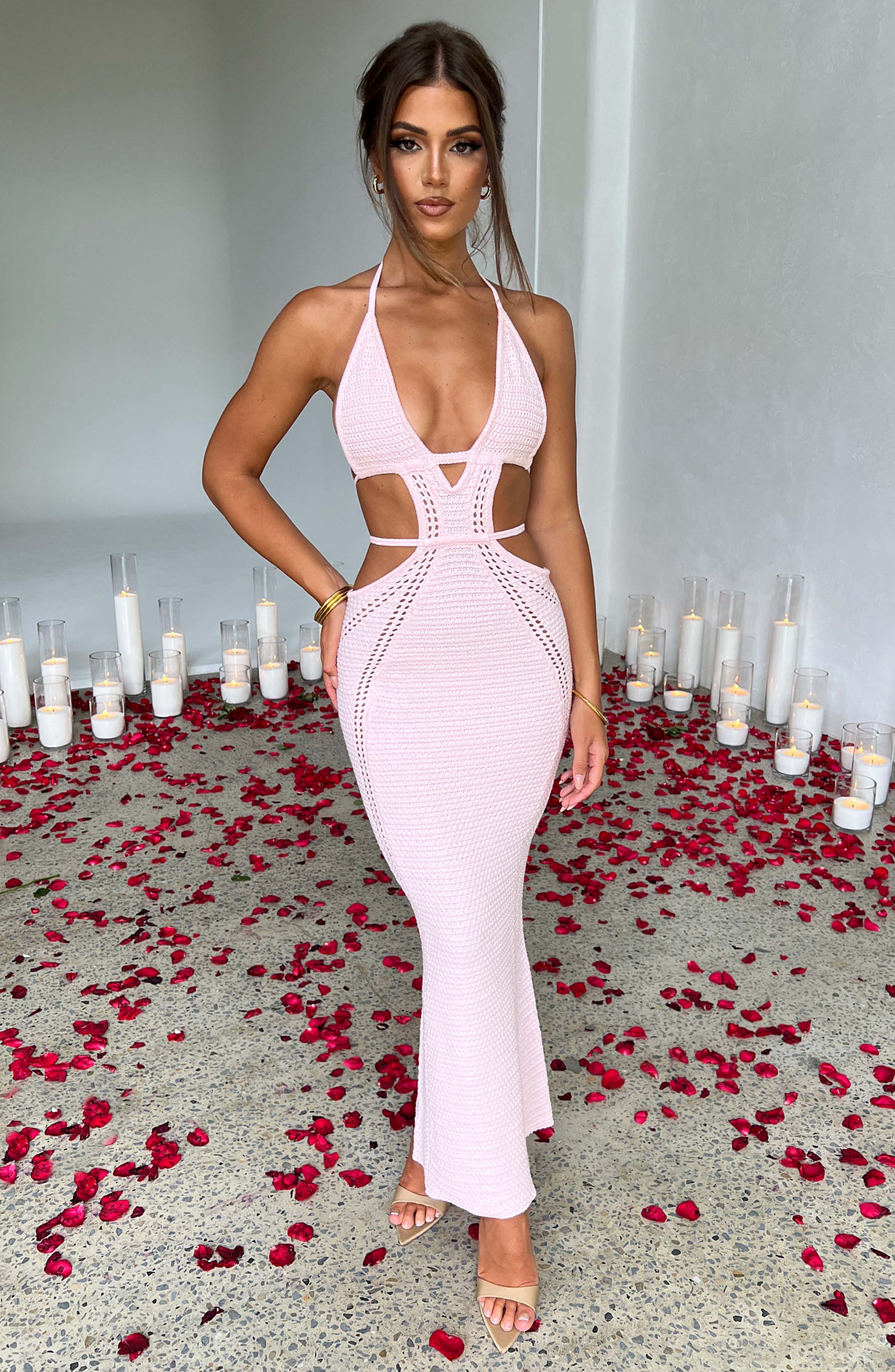 Crochet Knit Maxi Dress in Baby Pink - Backless Halter Neckline
