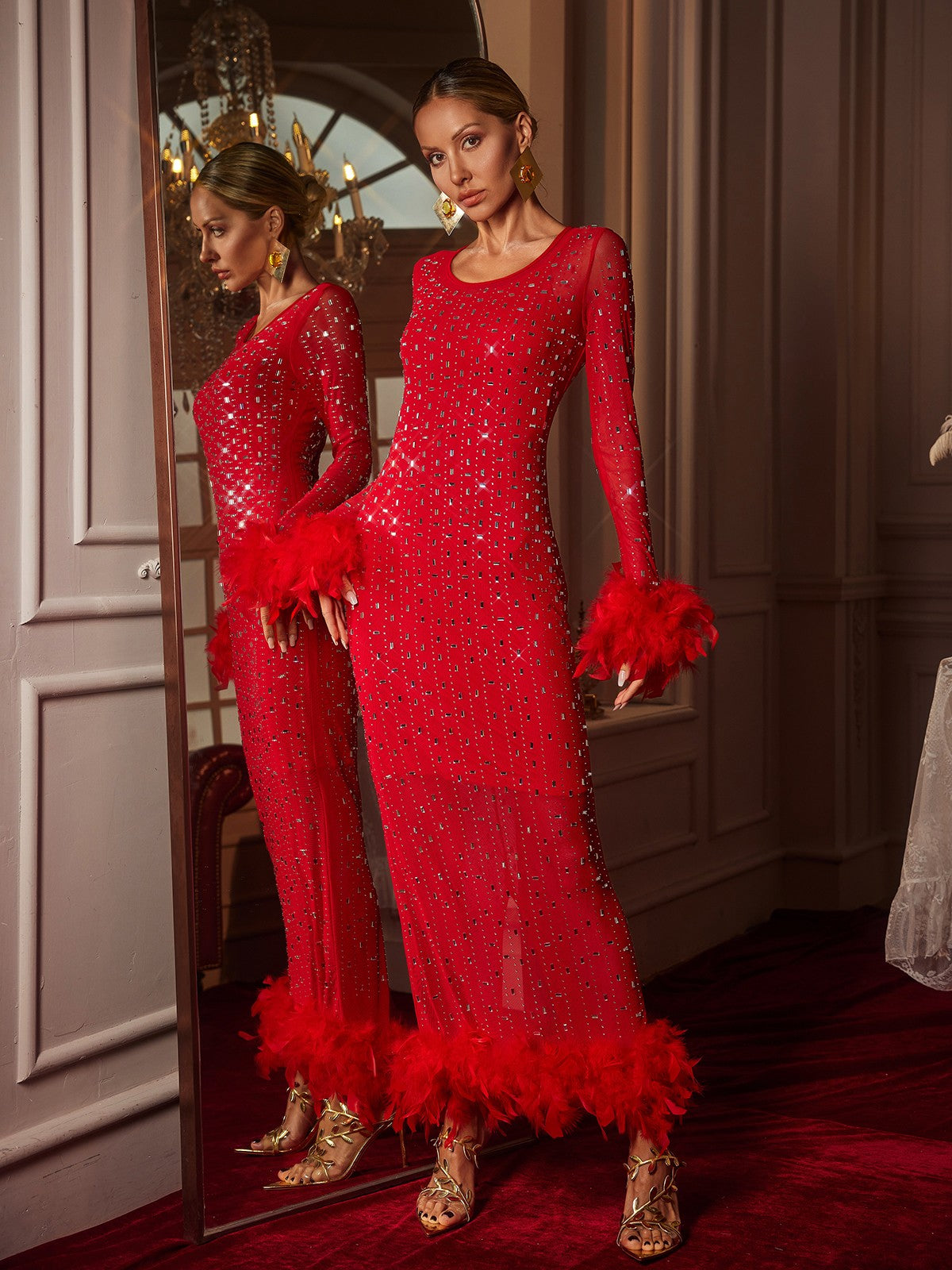 Elegant Rhinestone Feather Mesh Maxi Dress