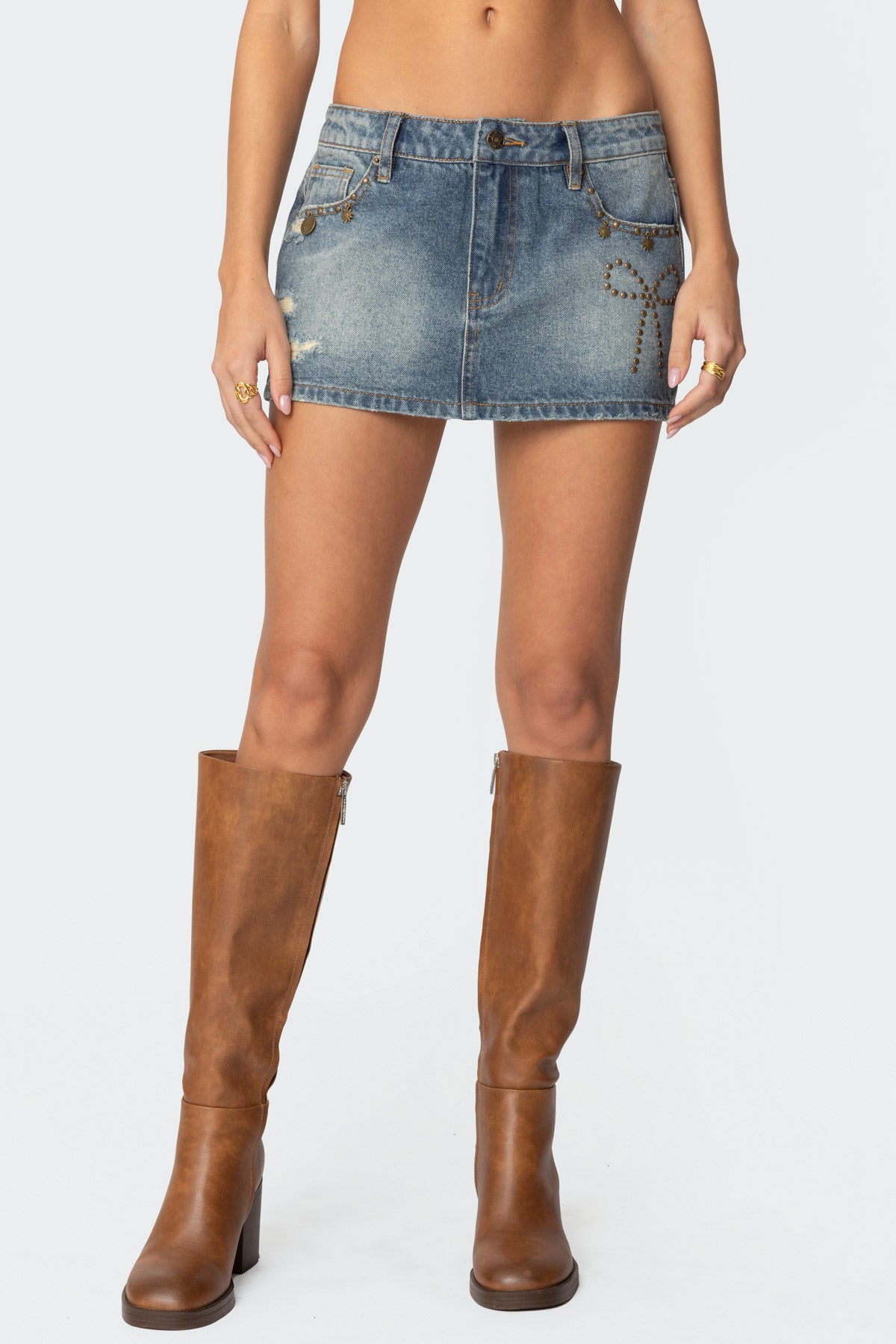 Blue Distressed Denim Mini Skirt with Studded Bow Detail