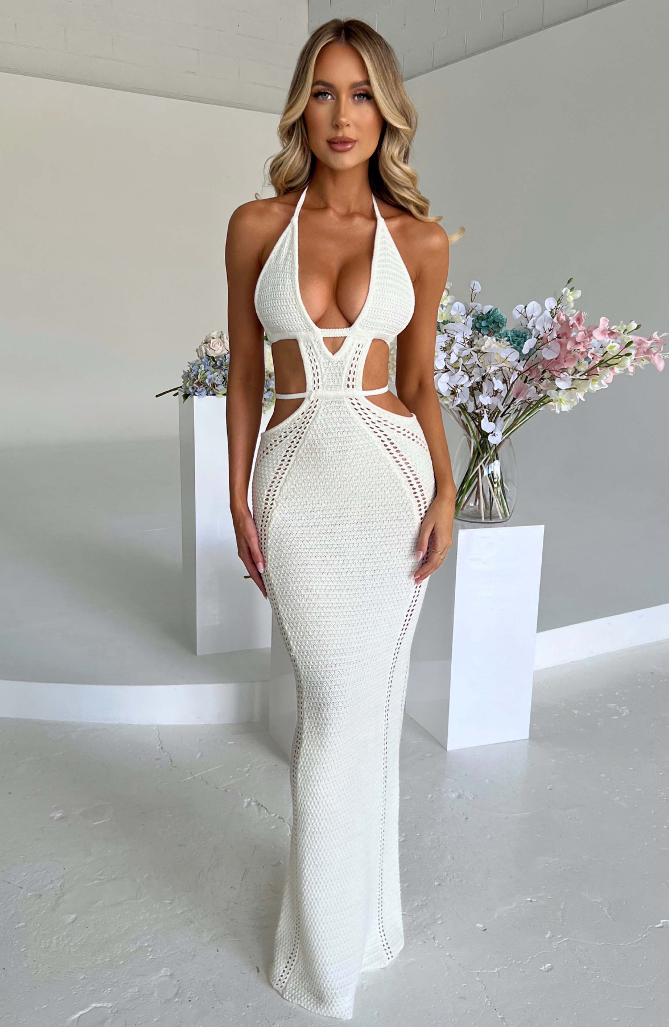 White Crochet Knit Maxi Dress with Backless Detail