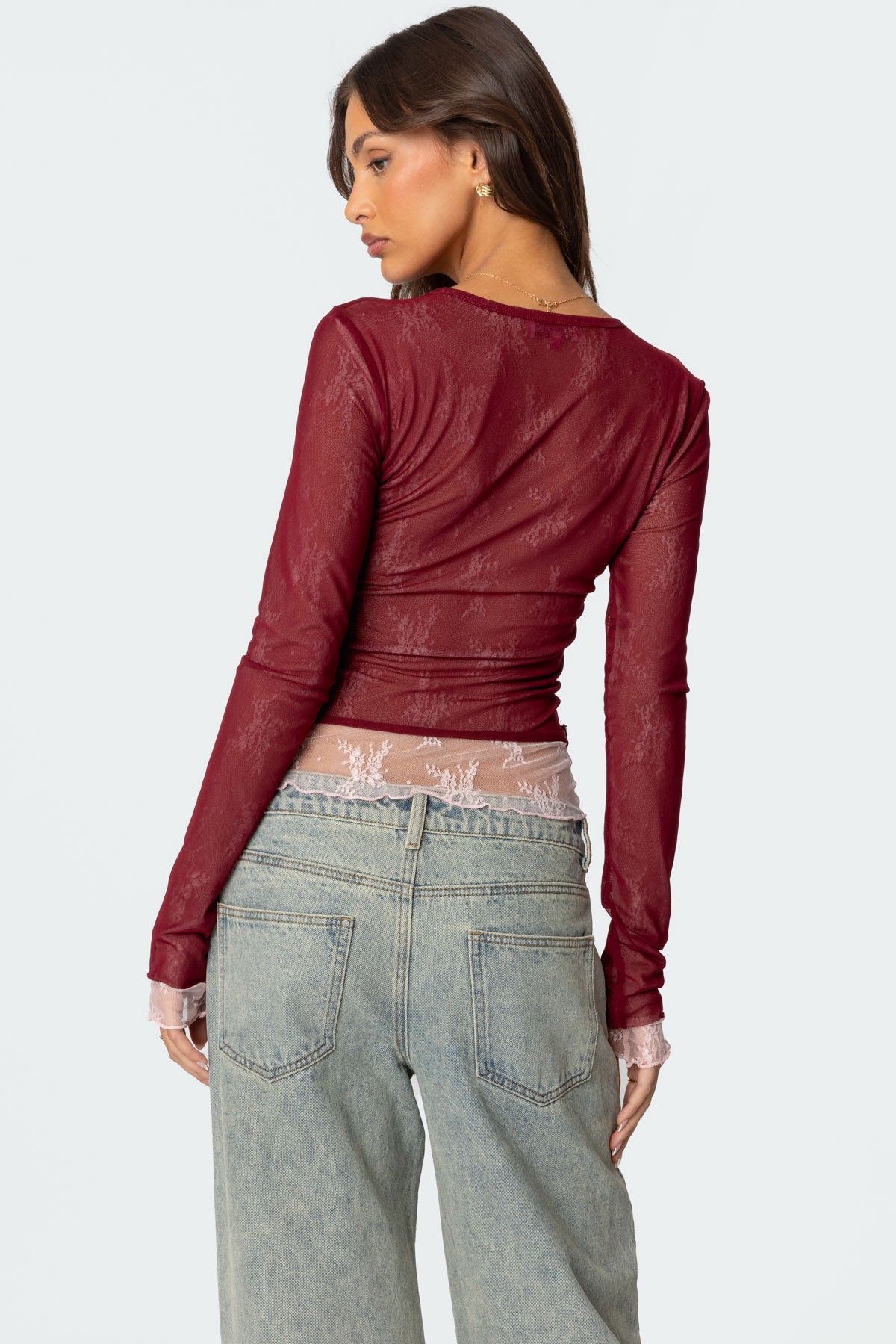 Burgundy Sheer Mesh Crew Neck Top