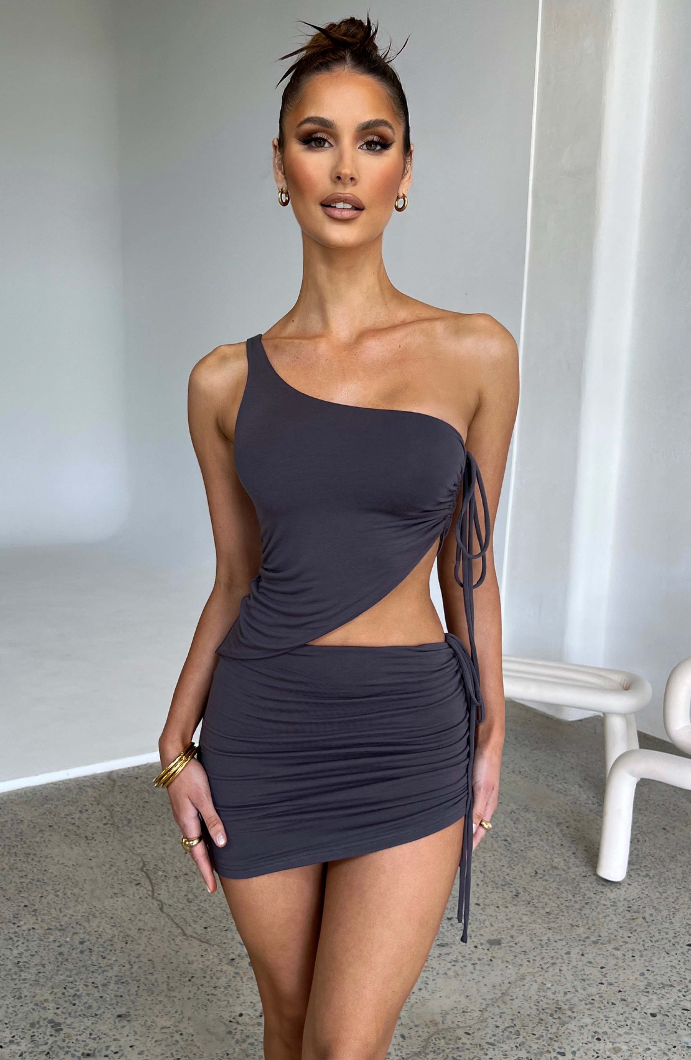Charcoal Double-Layered Ruched Mini Skirt - Premium Jersey Fabric