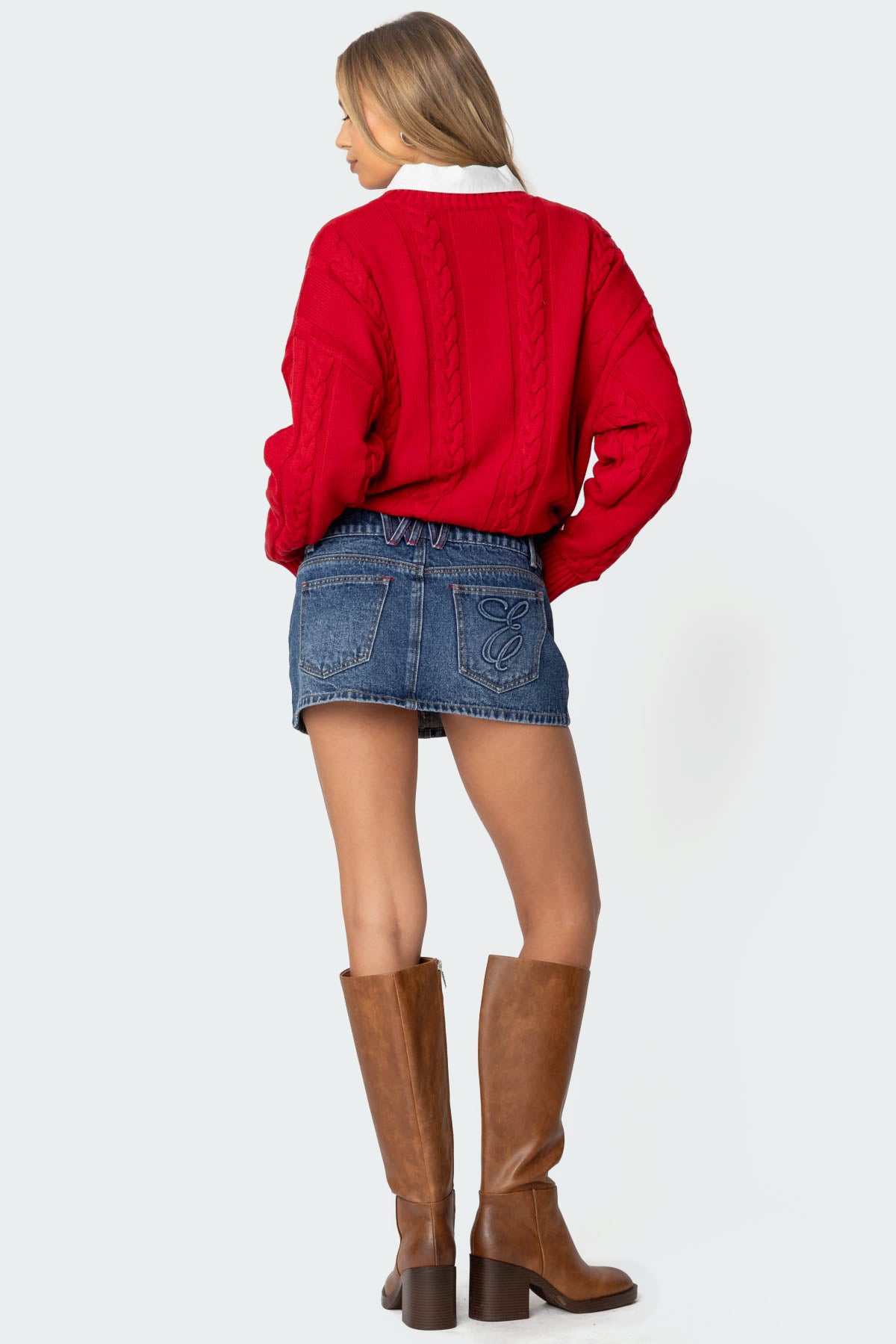Blue Denim Mini Skirt with Embroidered Pocket