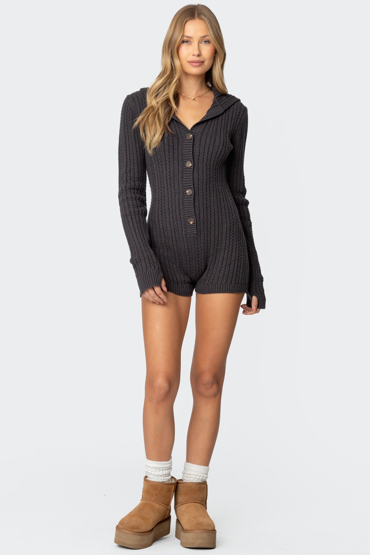 Dark Gray Hooded Cable Knit Jumpsuit