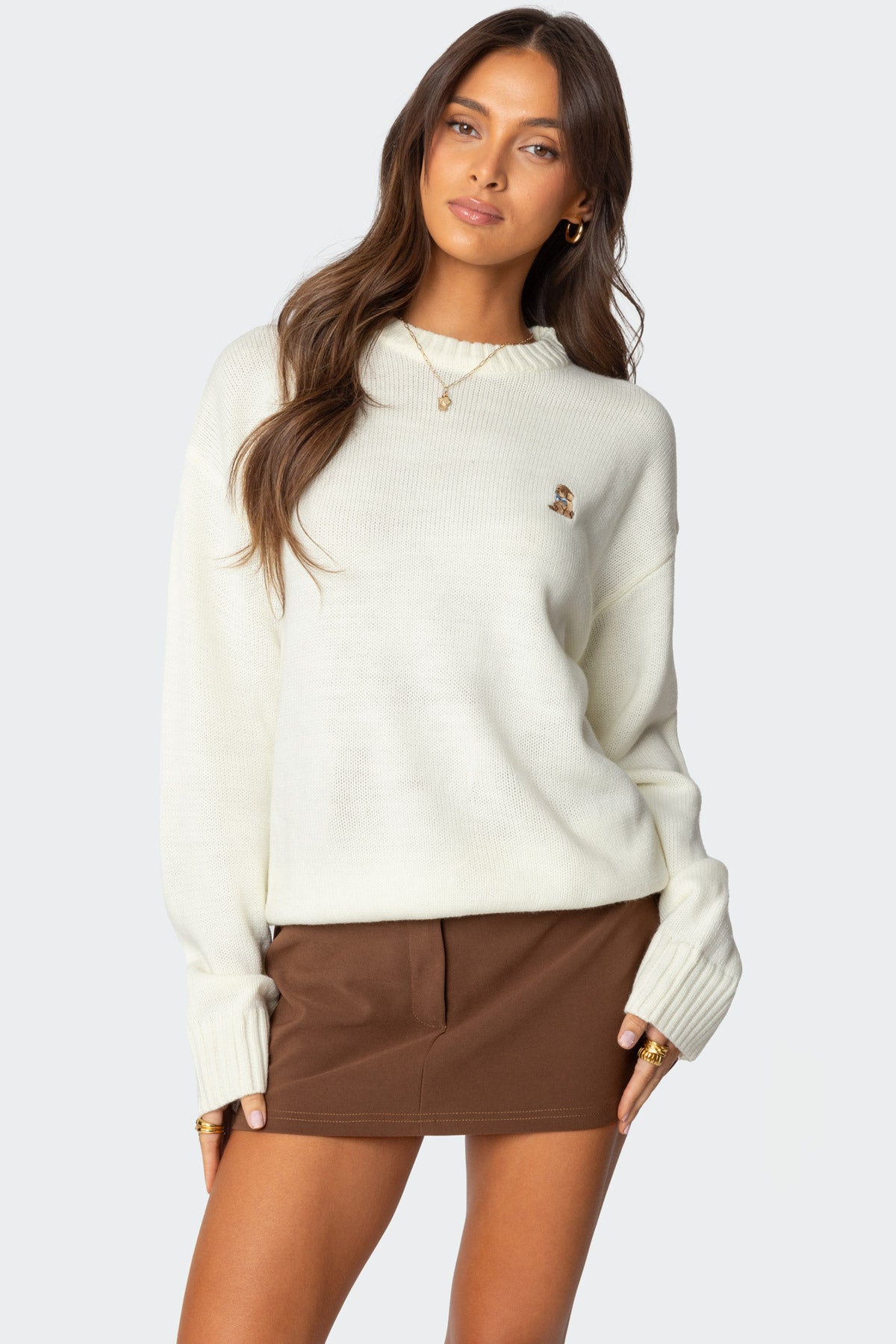 White Dog Embroidered Sweater - Cozy Knit Acrylic Crewneck