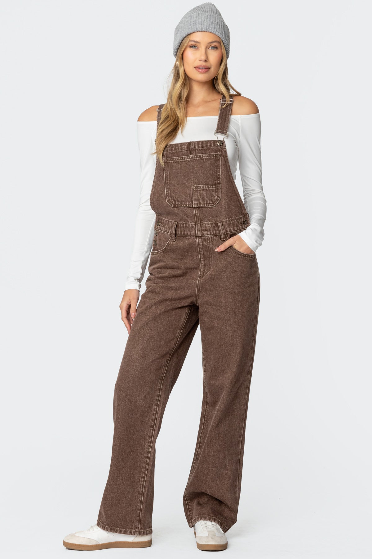 Brown Washed Denim Jumpsuit for Women