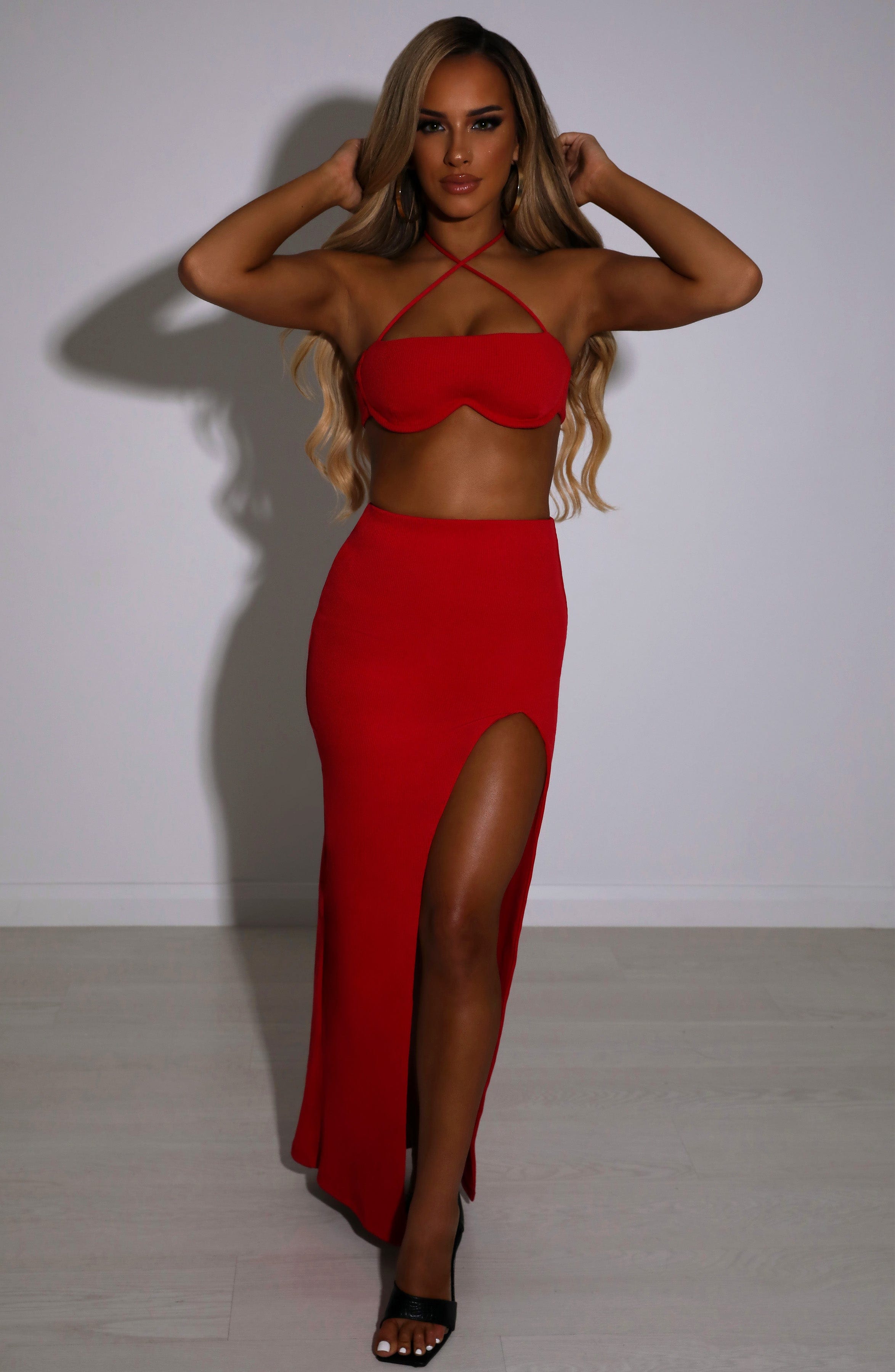 Red Ribbed Double Layered Maxi Skirt