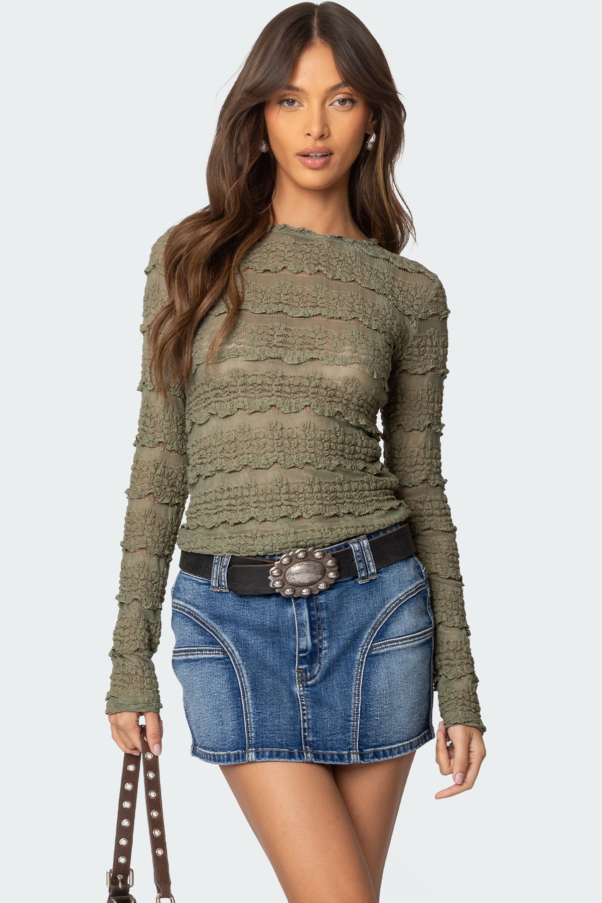 Sheer Lace Olive Top - Elegant Floral Textured Design