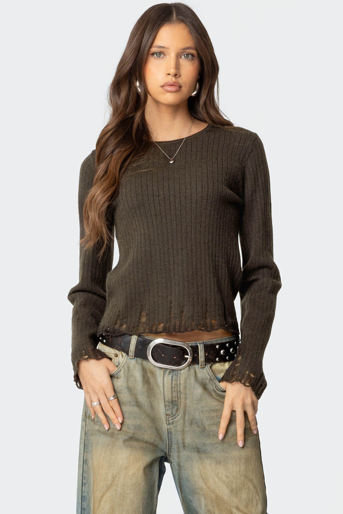 Green Distressed Ribbed Knit Sweater