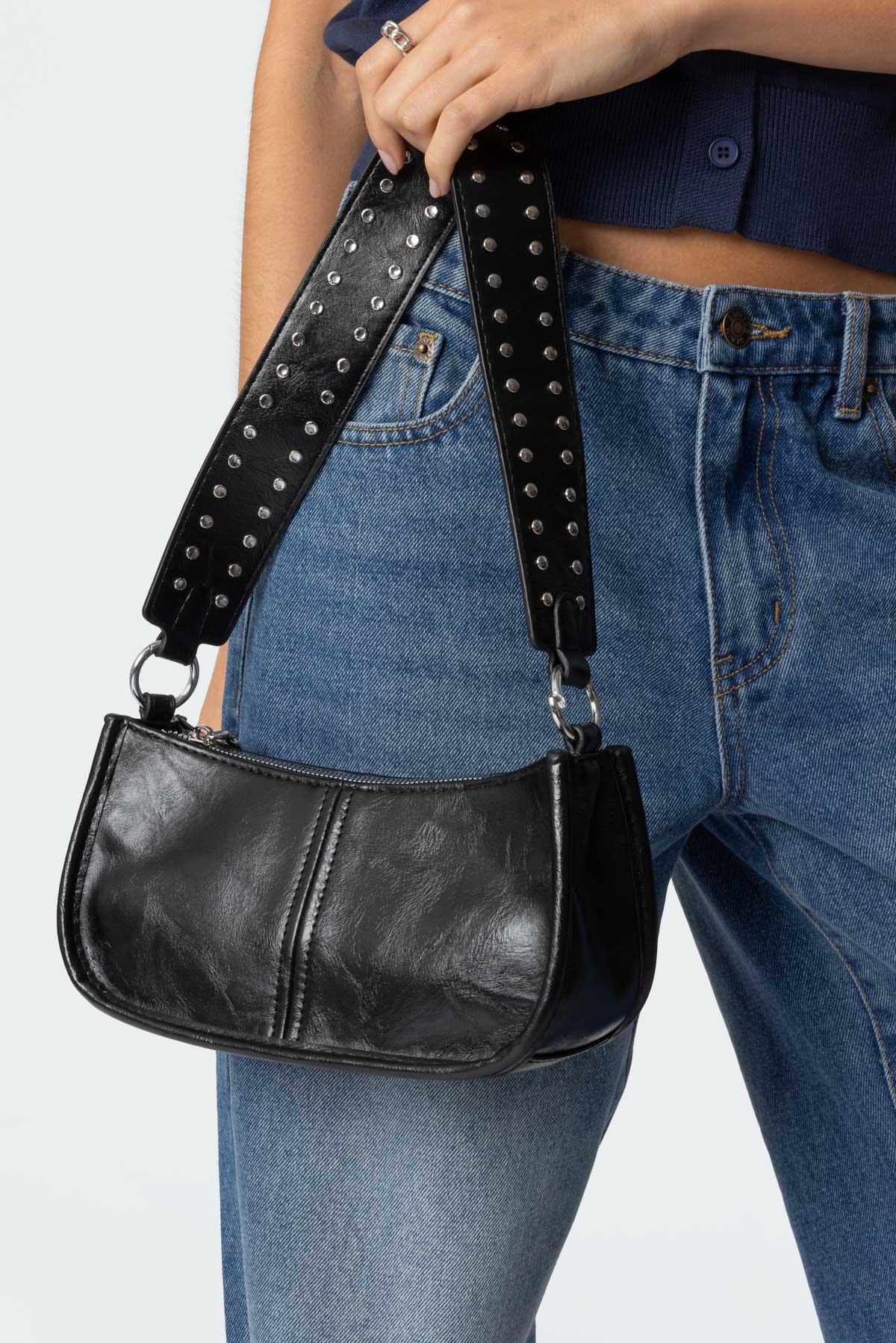 Black Studded Strap Faux Bag - Hand Washable