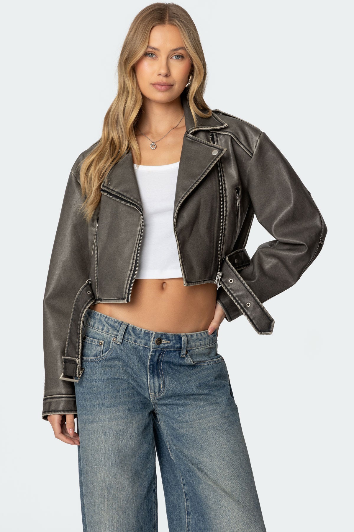 Gray Cropped Faux Leather Jacket with Collared Design