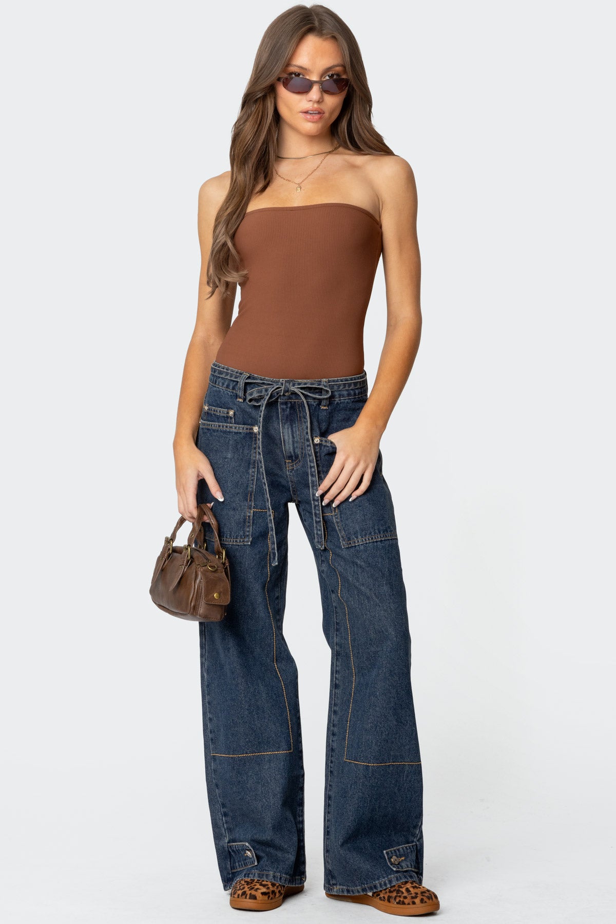 Dark Blue Denim Low Rise Jeans with Tie Belt Detail