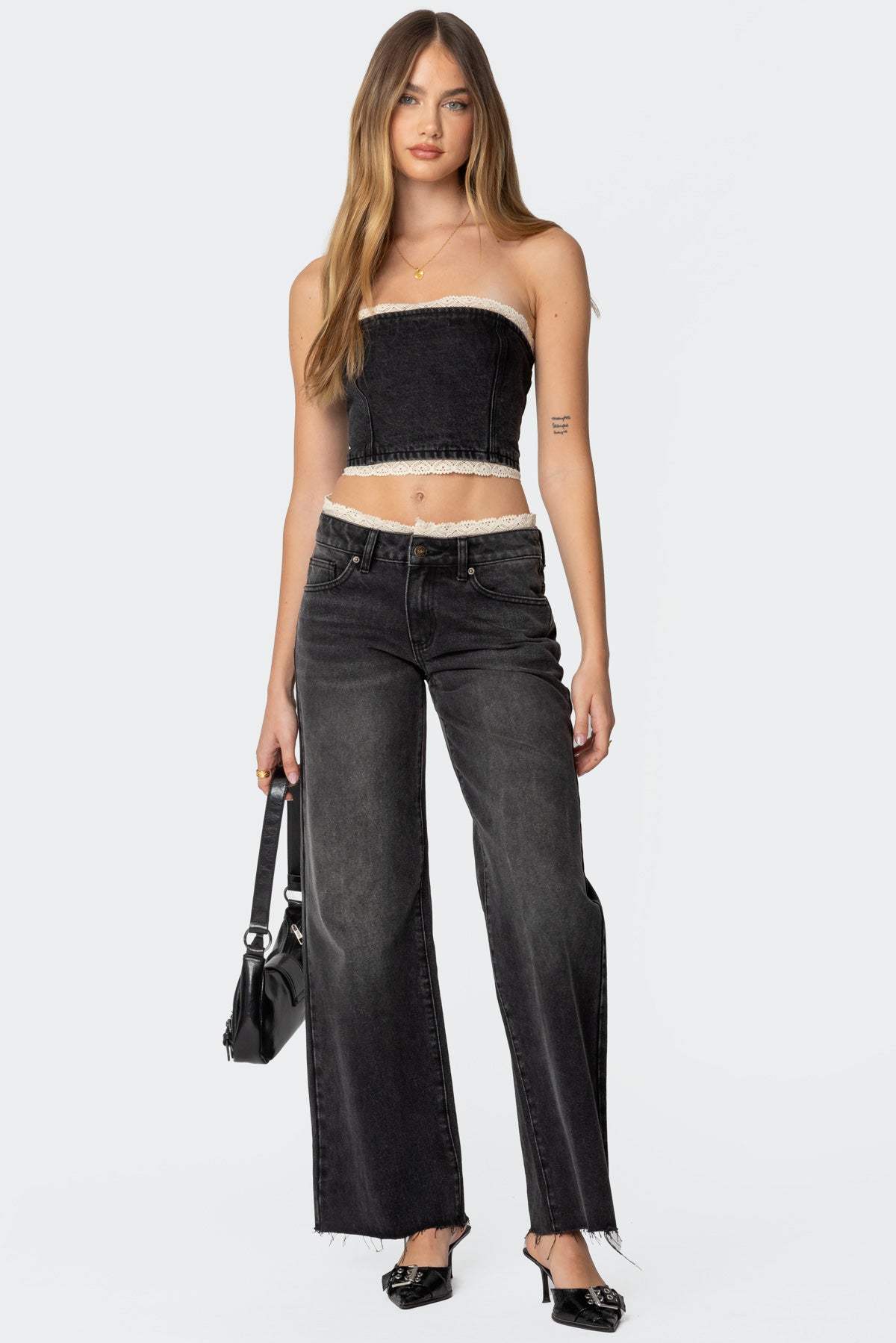 Black Lace Trim Denim Jeans Womens Skinny Fit