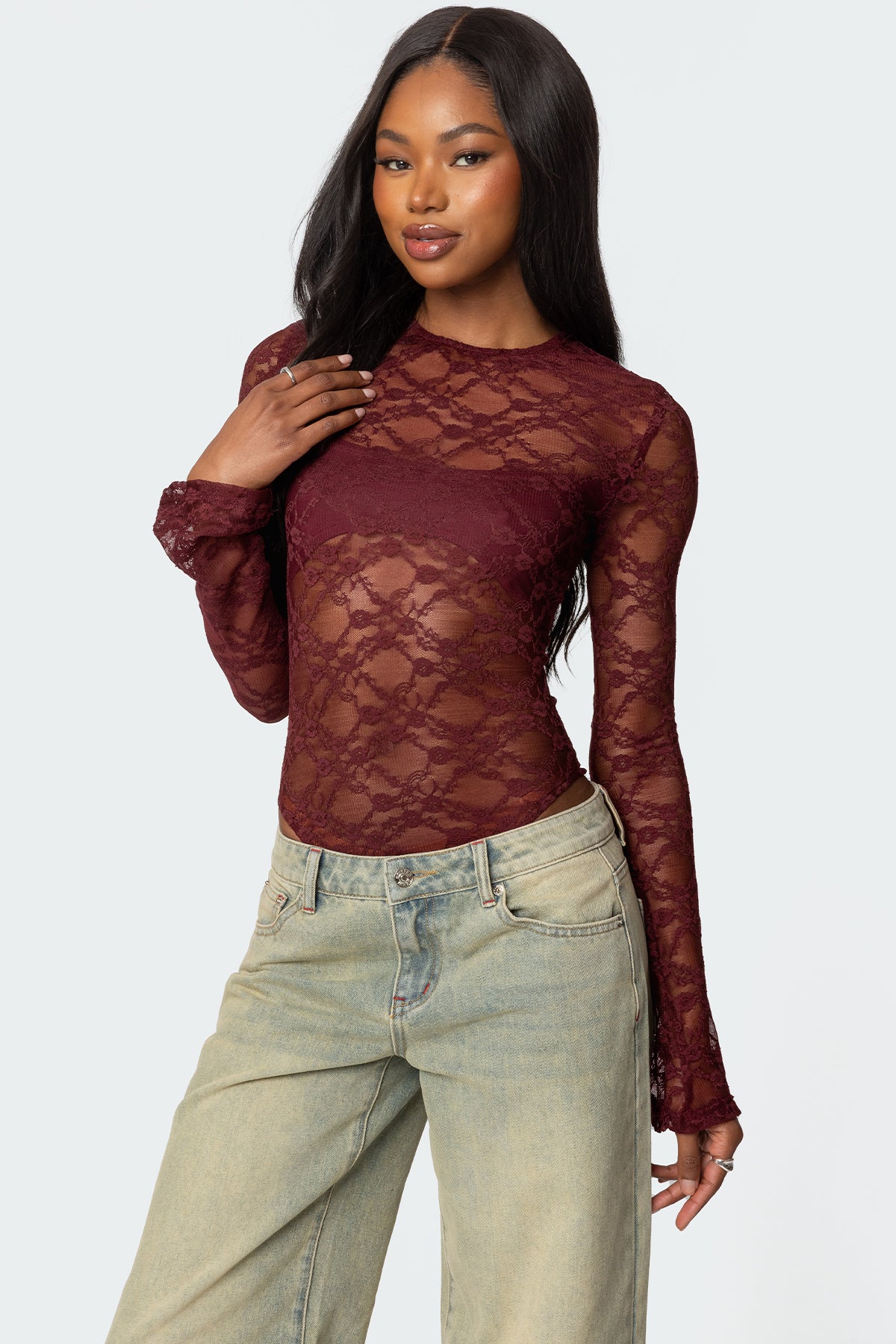 Burgundy Sheer Lace Bodysuit for Evening Wear
