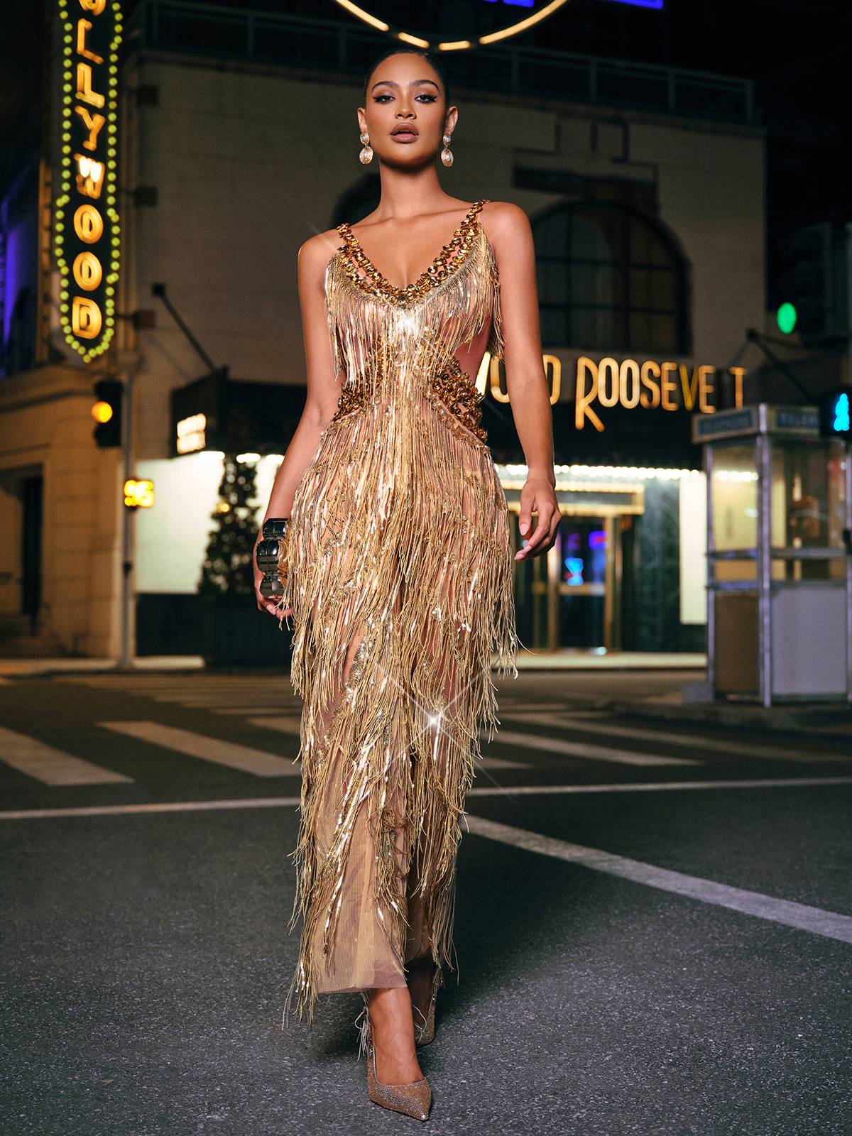 Elegant Fringed V-Neck Polyester Jumpsuit
