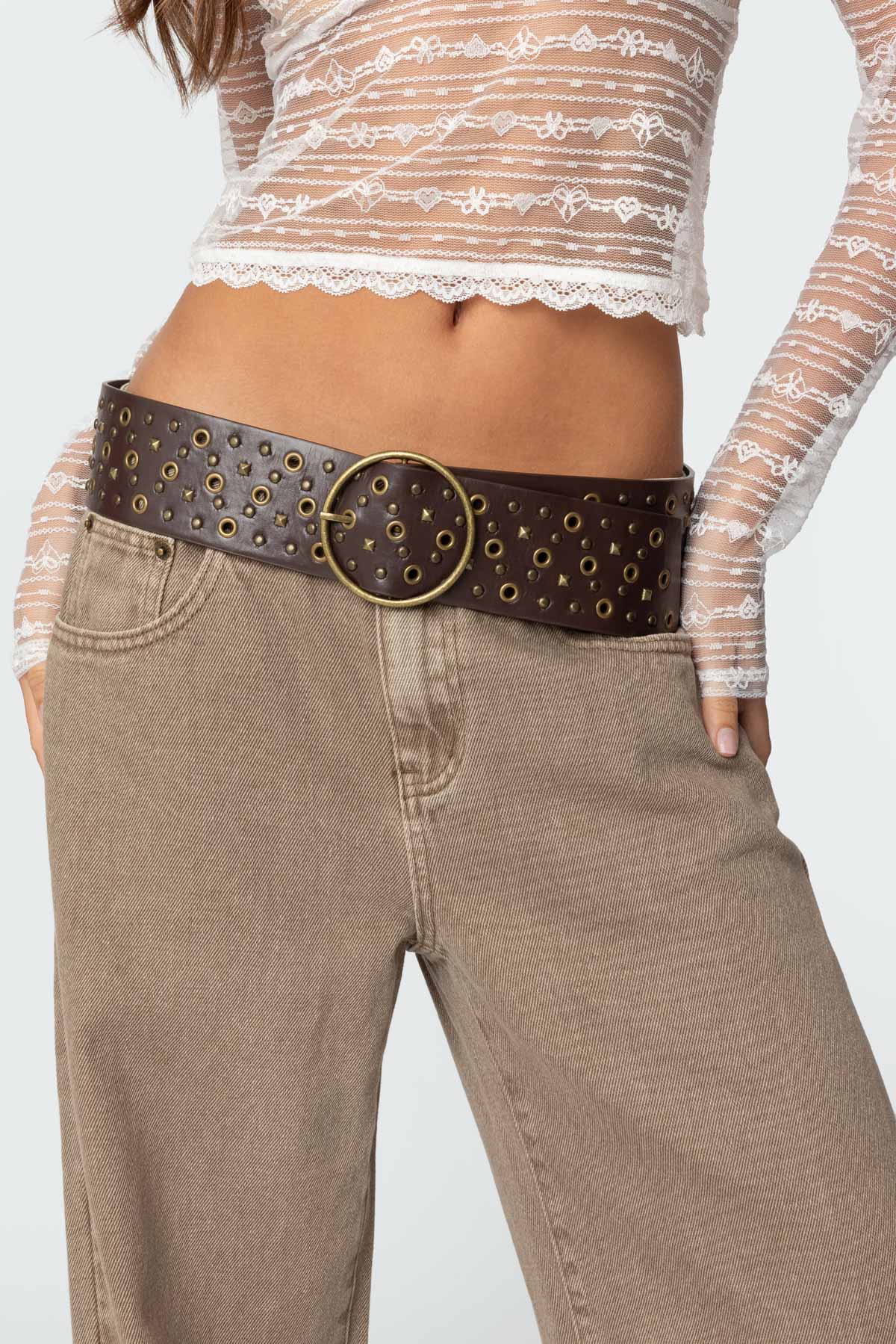 Brown Faux Leather Stud Belt for Fashionable Accessories
