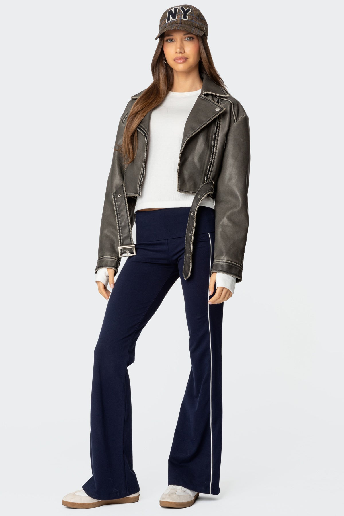 Navy Fold Over Flared Leggings Womens Casual Wear