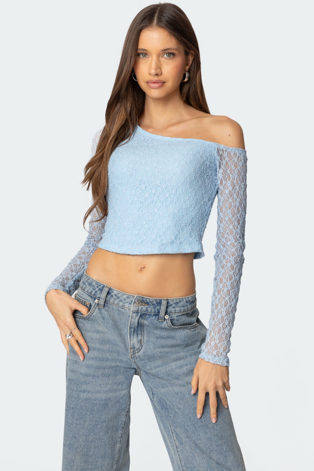Fabia Textured Lace Asymmetric Top in Light Blue