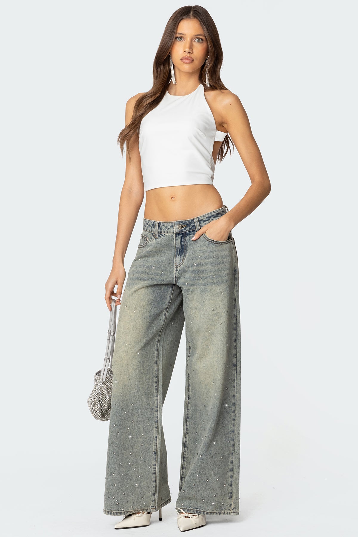 Gray Rhinestone Washed Denim Pants