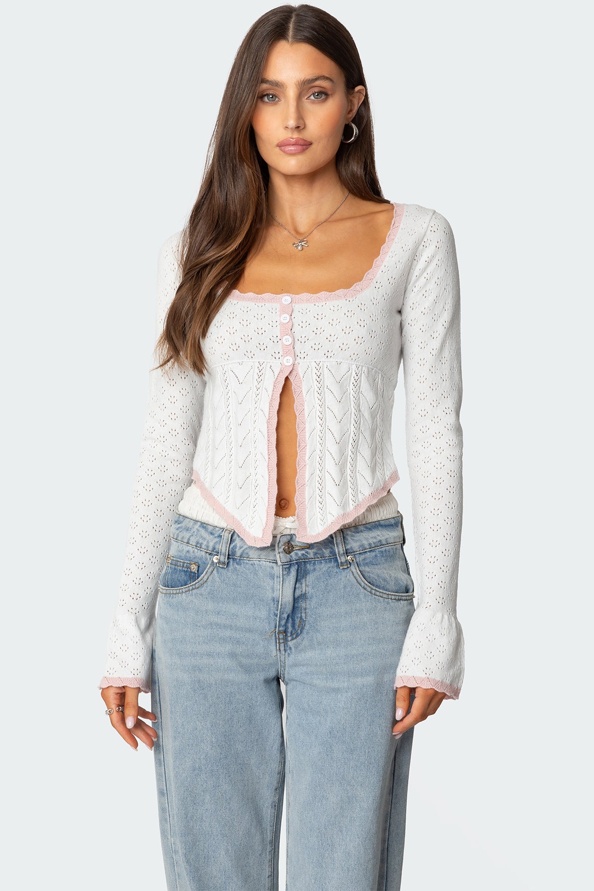 White Knitted Pointelle Sweater with Split Front