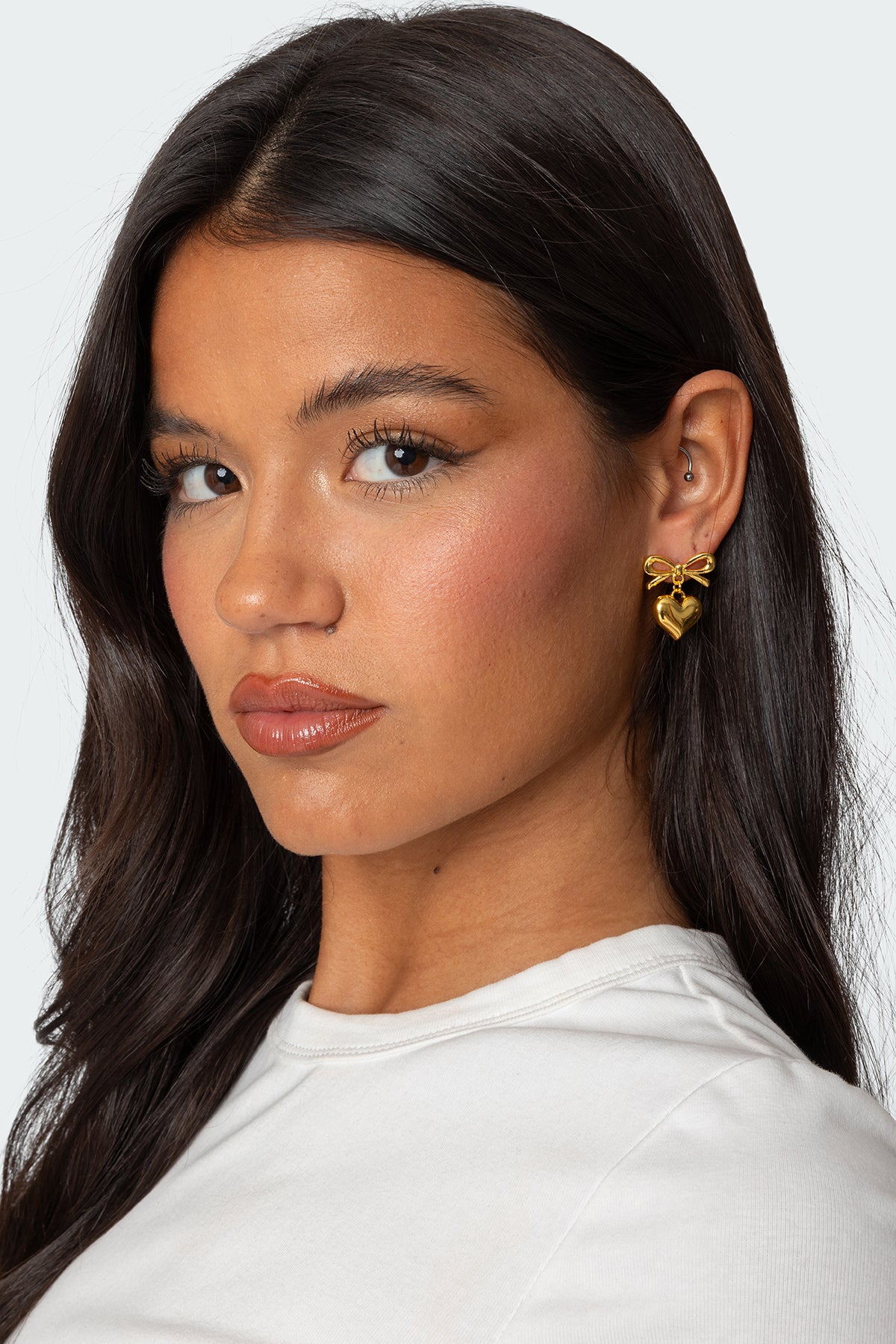 Gold Bow Heart Charm Earrings | Unique Design Jewelry