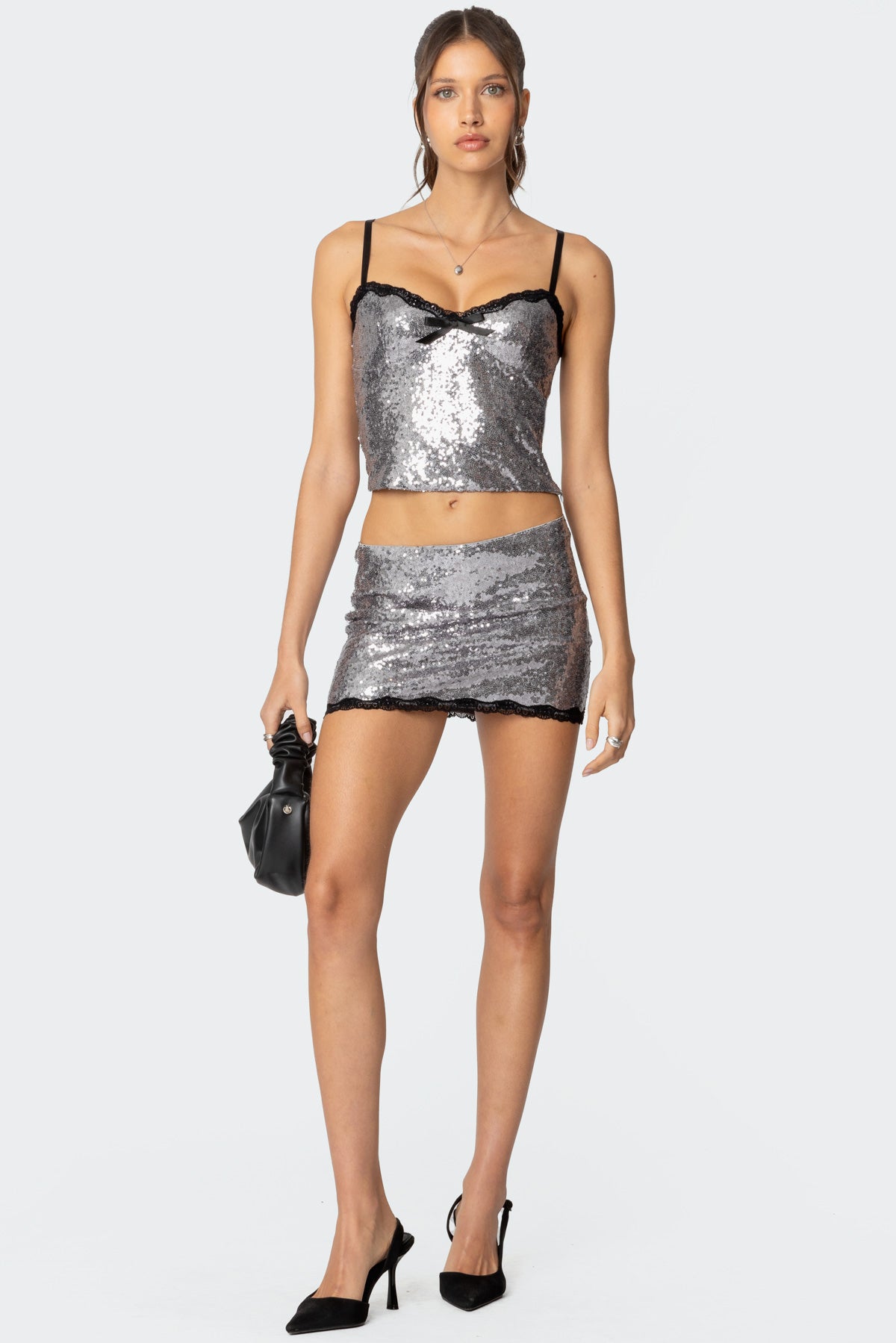 Silver Sequin Mini Skirt Evening Wear Set