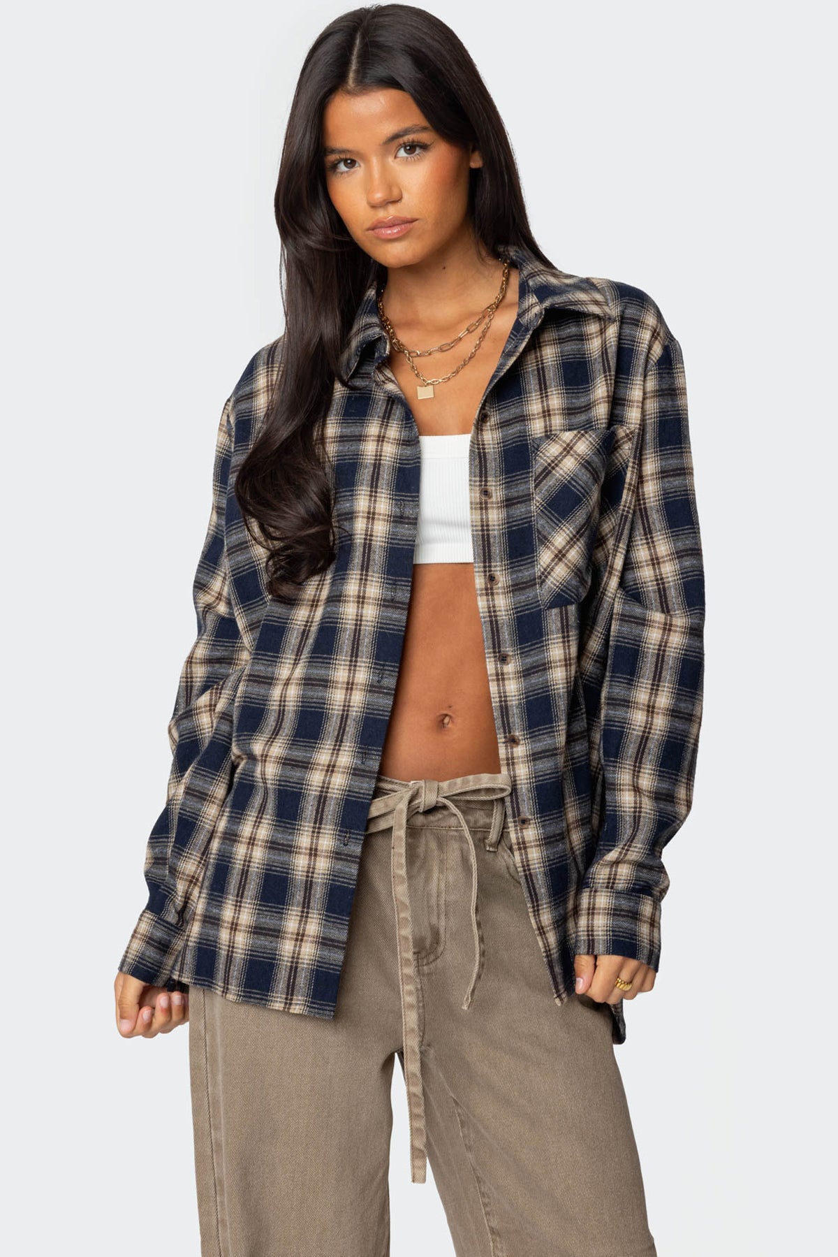 Navy Plaid Flannel Button-Up Shirt