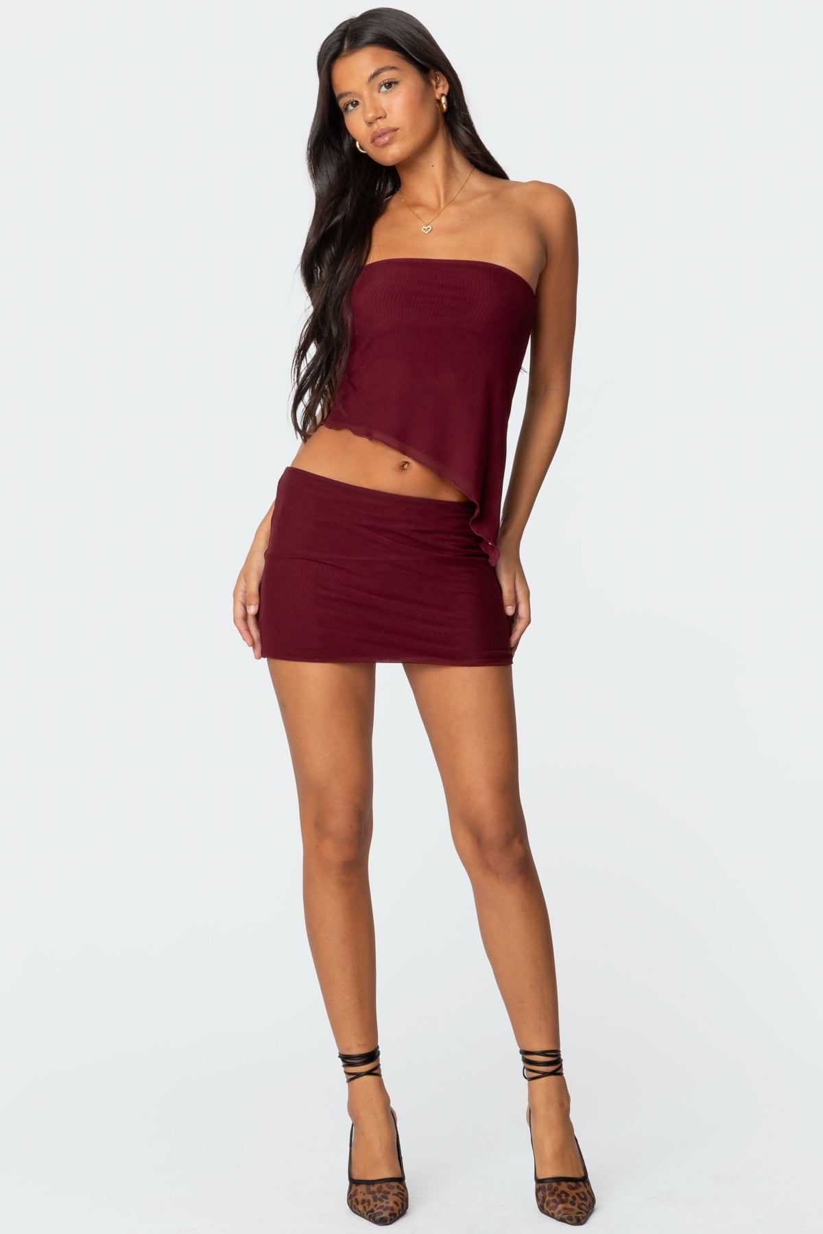Burgundy Mesh Mini Skirt Set