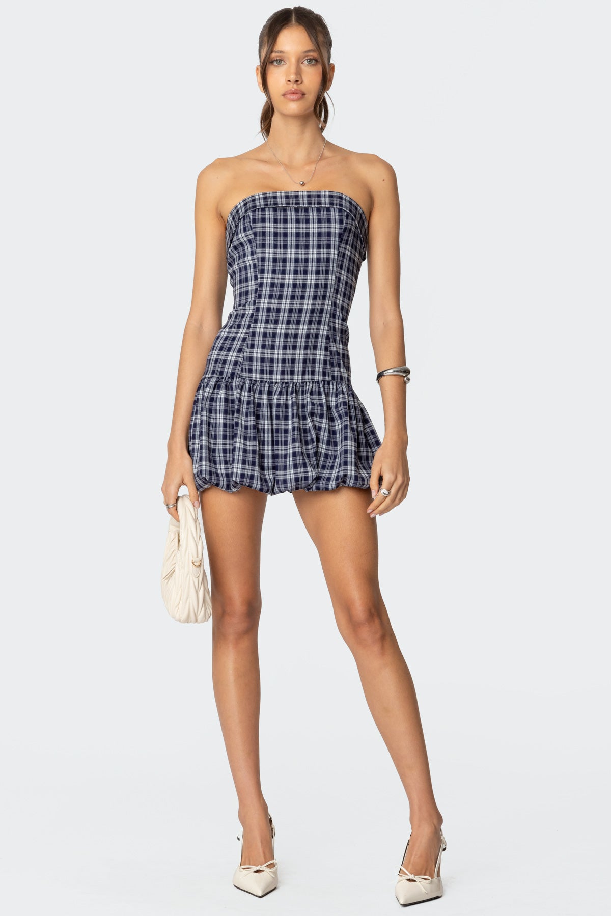 Navy Bubble Mini Dress Strapless Plaid Design
