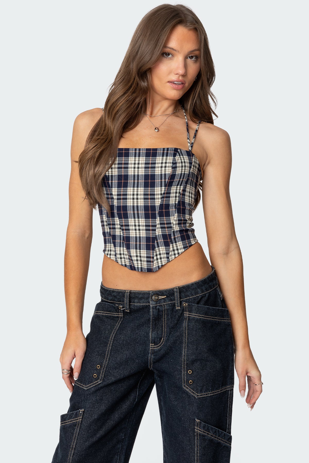 Navy Plaid Corset with Adjustable Straps and Halter Neck Tie
