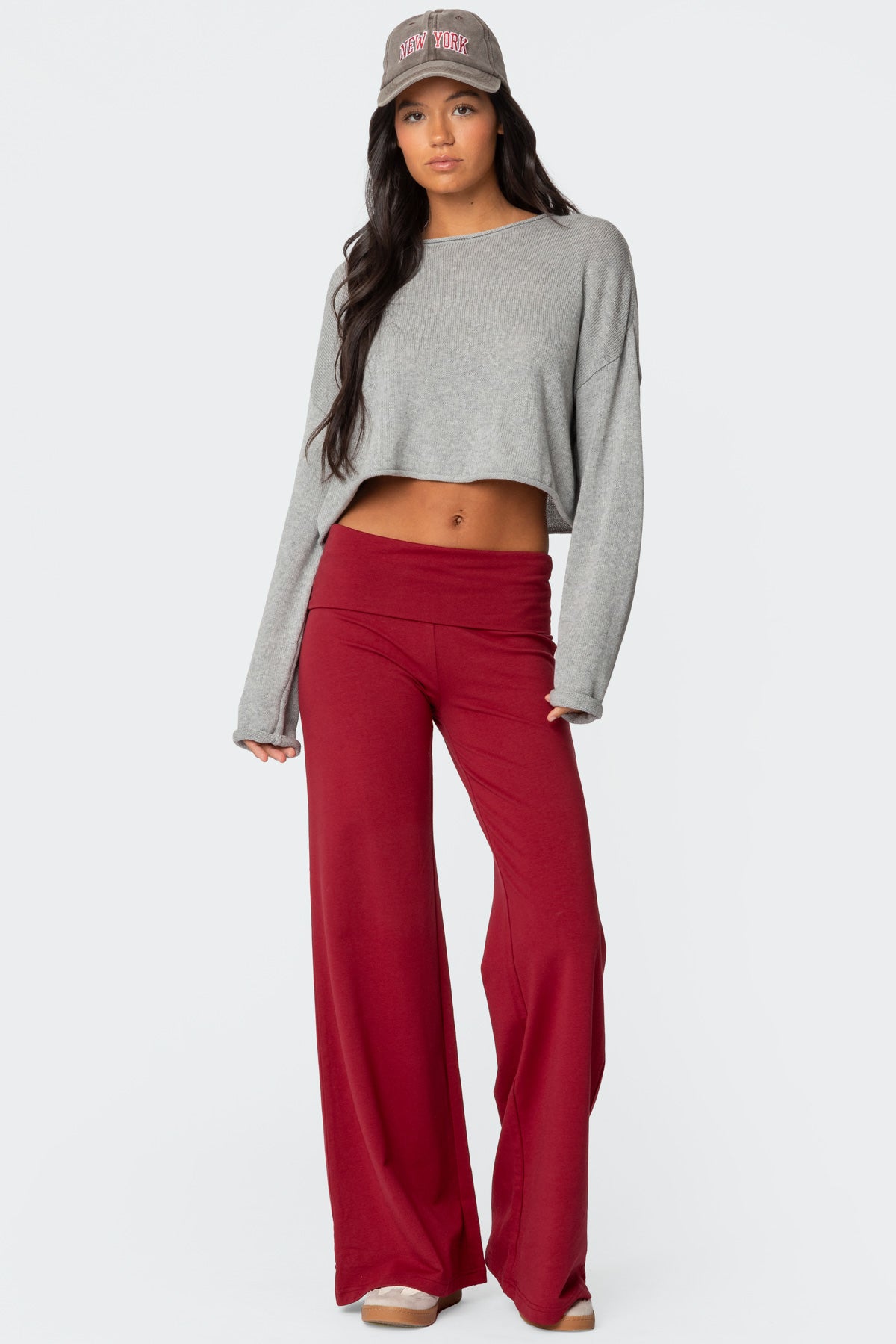 Burgundy Wide Leg Fold Pants - Comfy and Stylish
