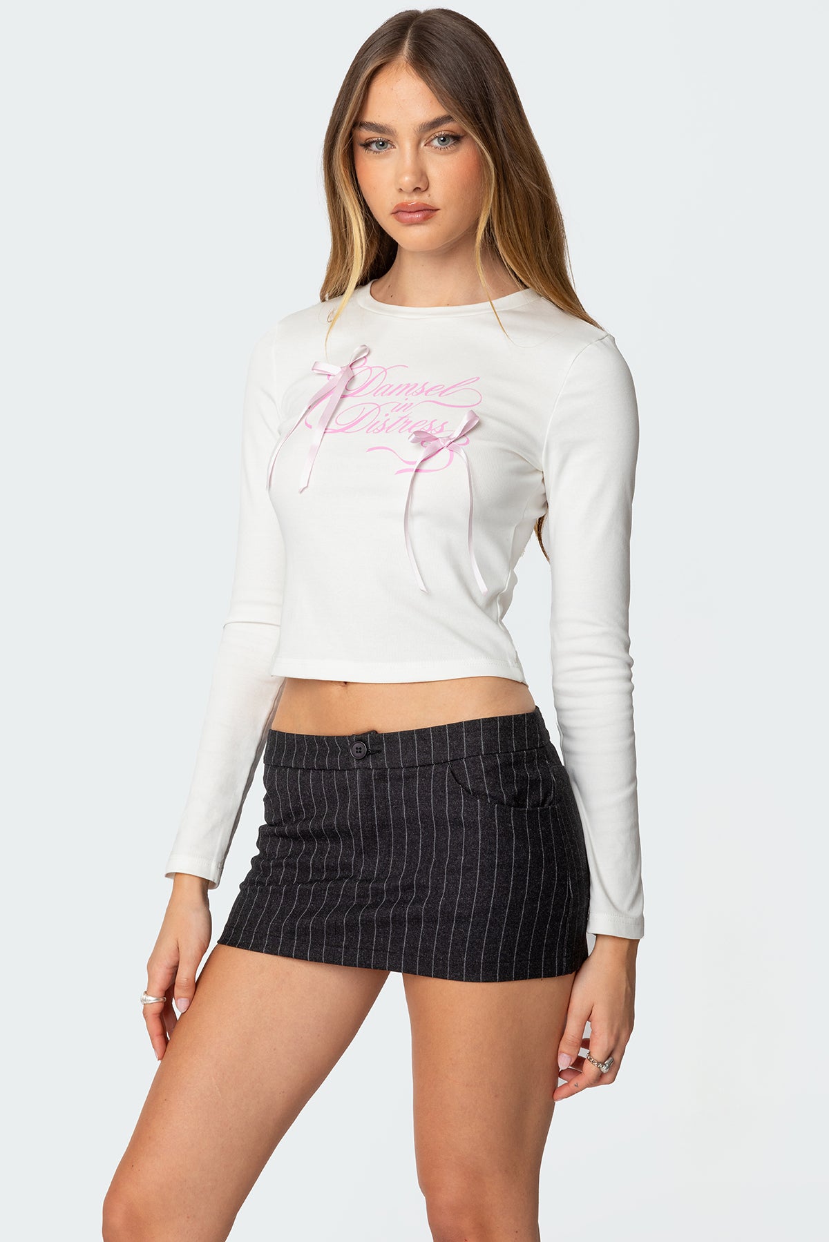 White Ribbon Bow Long Sleeve T-Shirt for Women