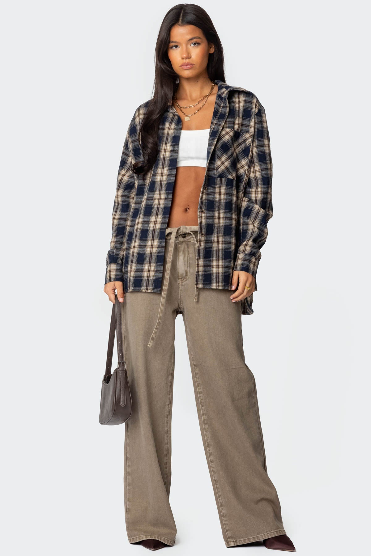 Green Oversized Denim Tie Belt Jeans for Women