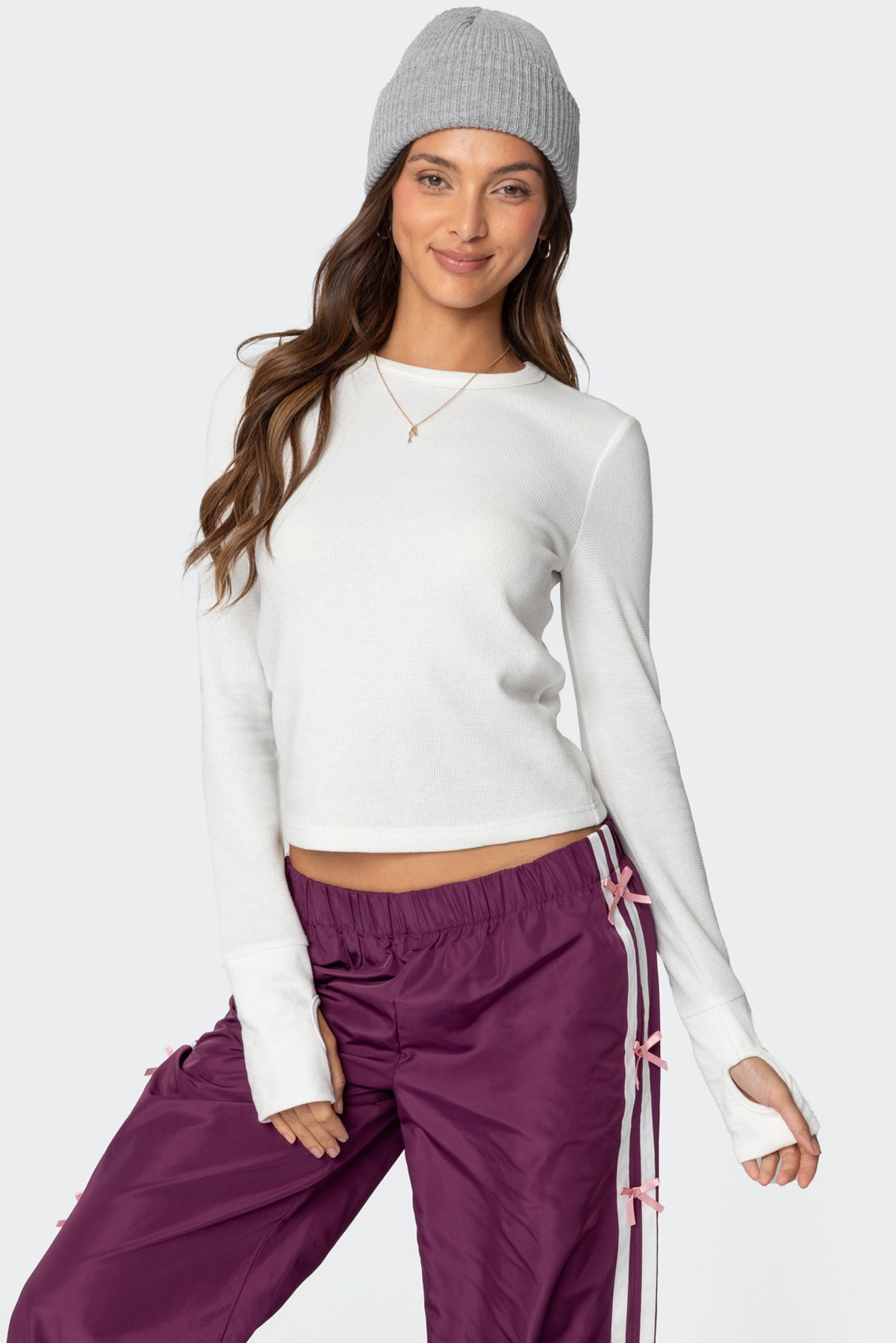 White Waffle Textured Long Sleeve T-Shirt with Thumb Holes
