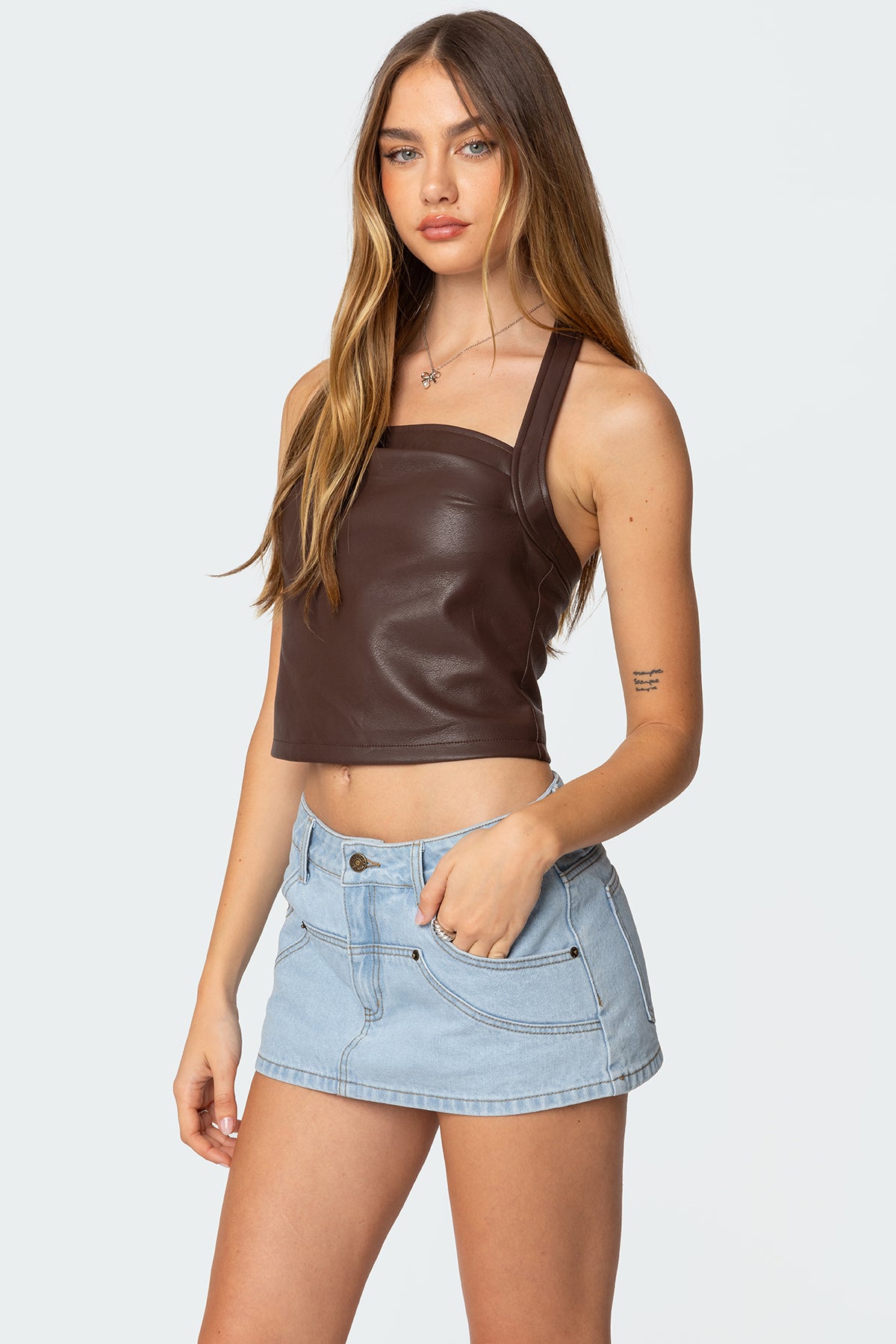 Brown Draped Faux Leather Halter Top