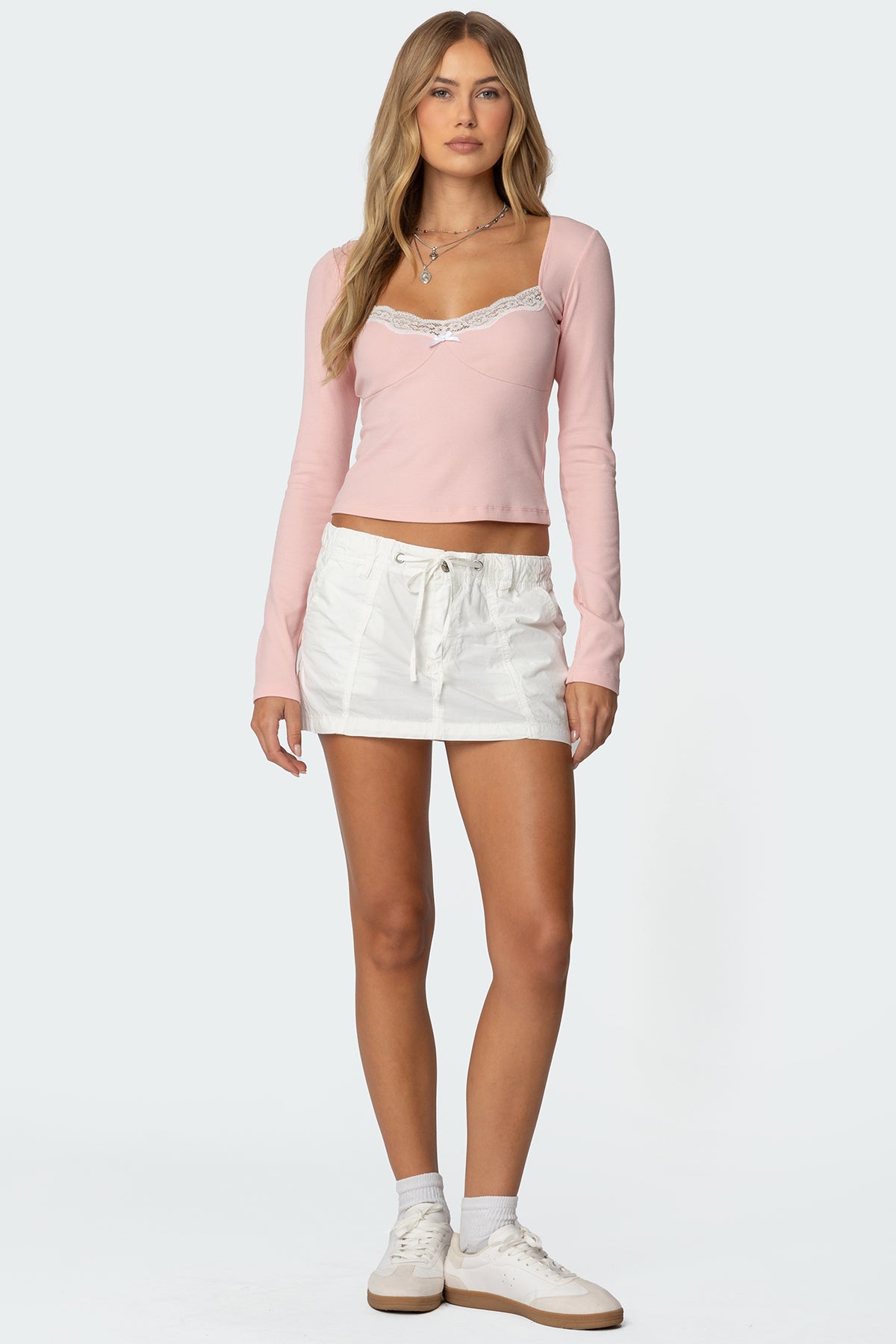 Pink Ribbed Top with Lace Trim - Long Sleeve Design