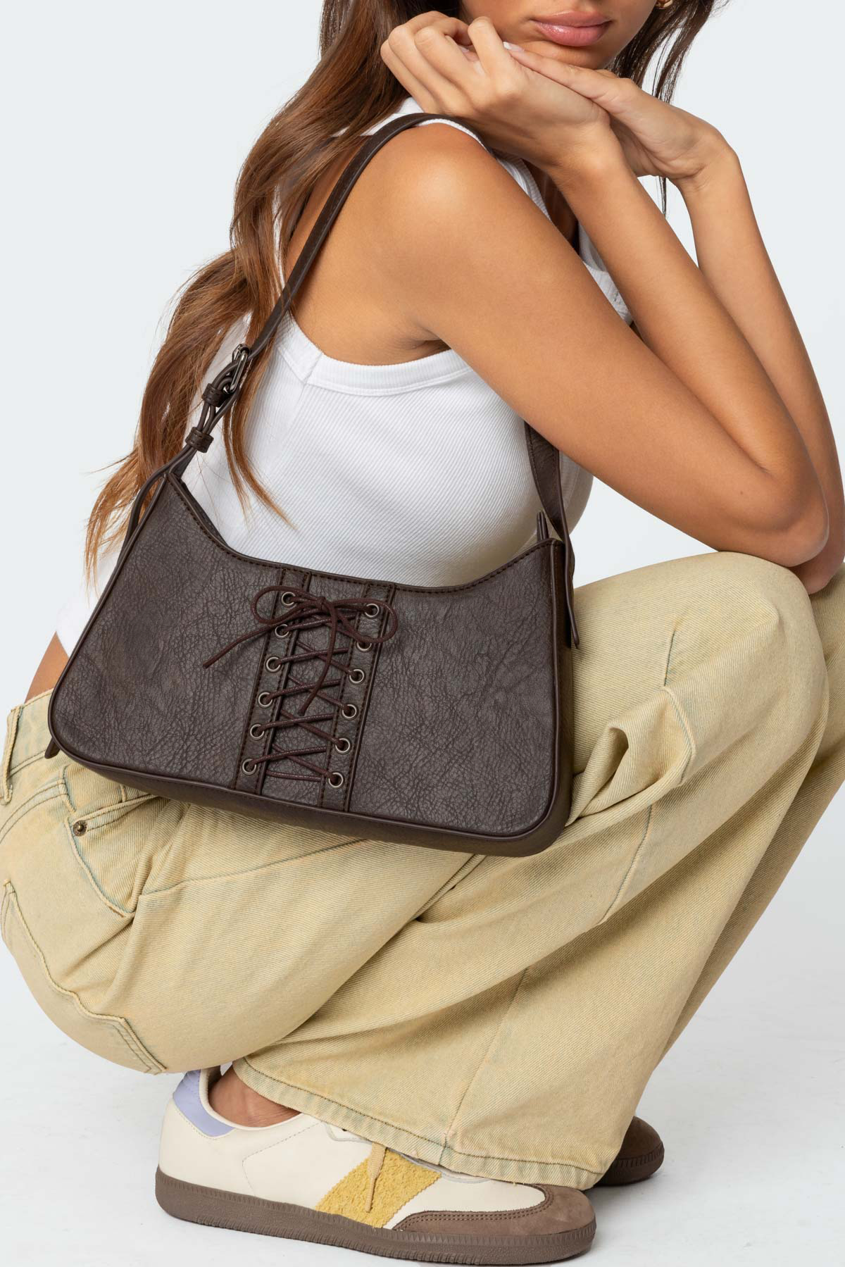 Adjustable Strap Faux Leather Bag - Dark Brown