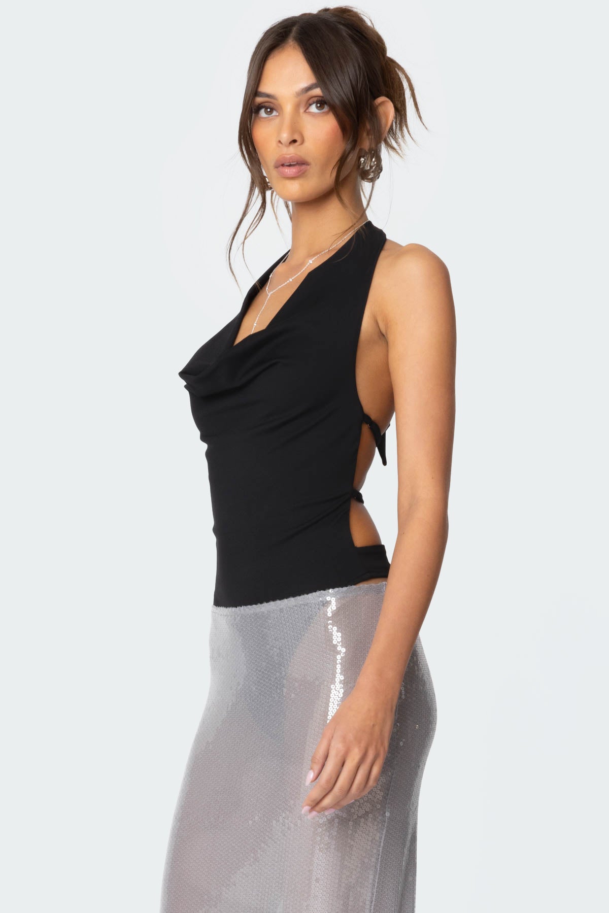 Sexy Open Back Cowl Neck Bodysuit in Black - XS-XL