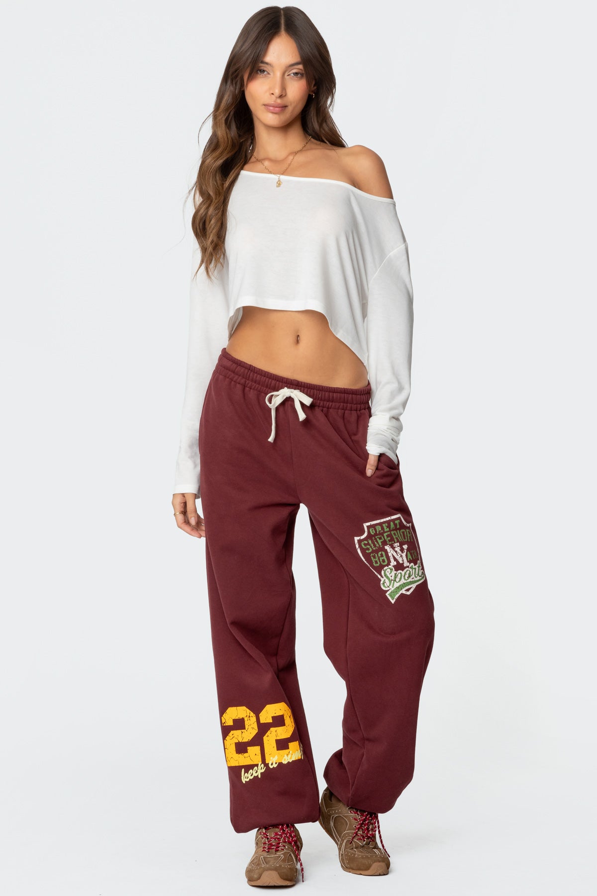 Burgundy Oversized Sweatpants Elastic Waist & Ankle Graphic Print
