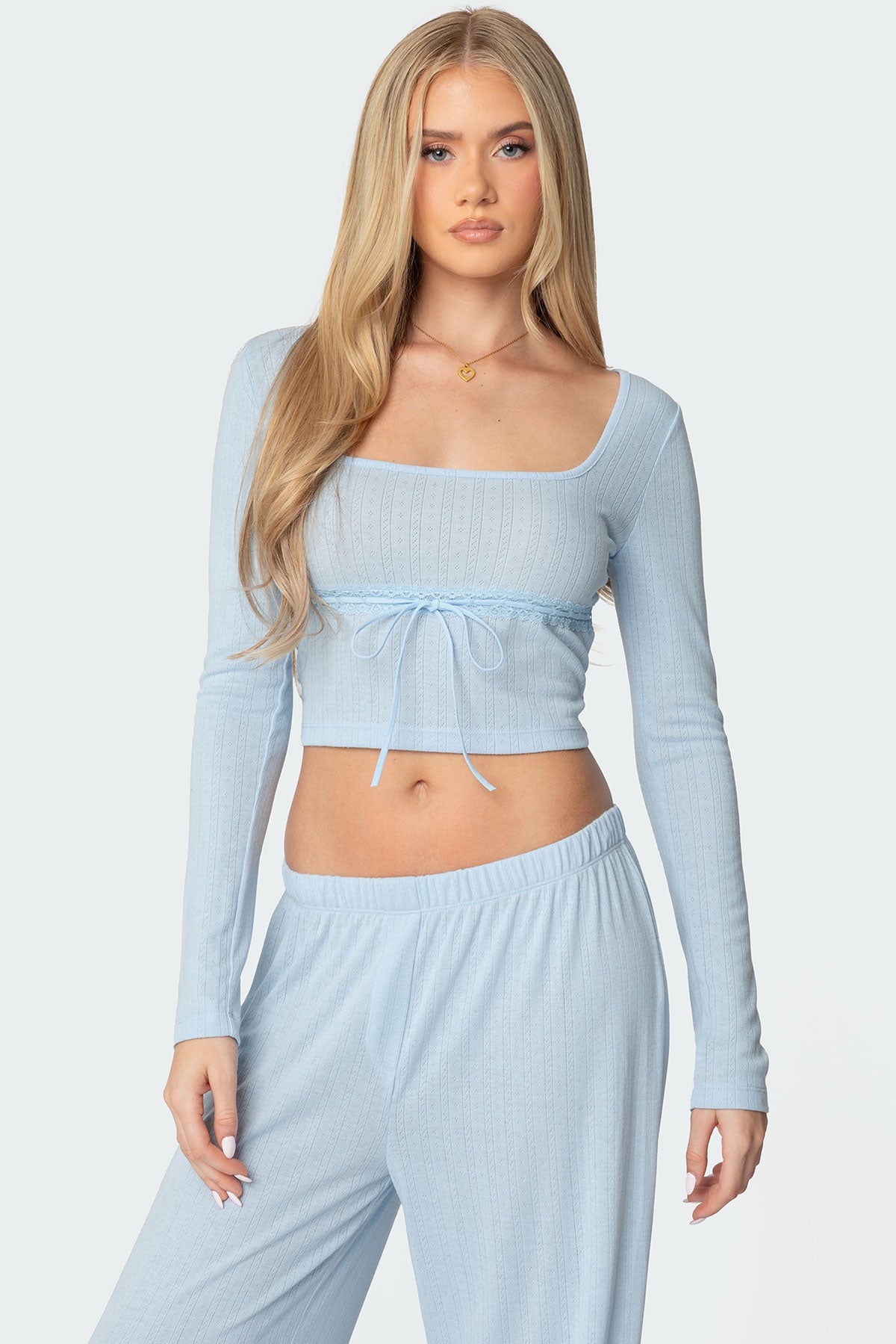 Pointelle Square Neck Sleepwear Top in Light Blue