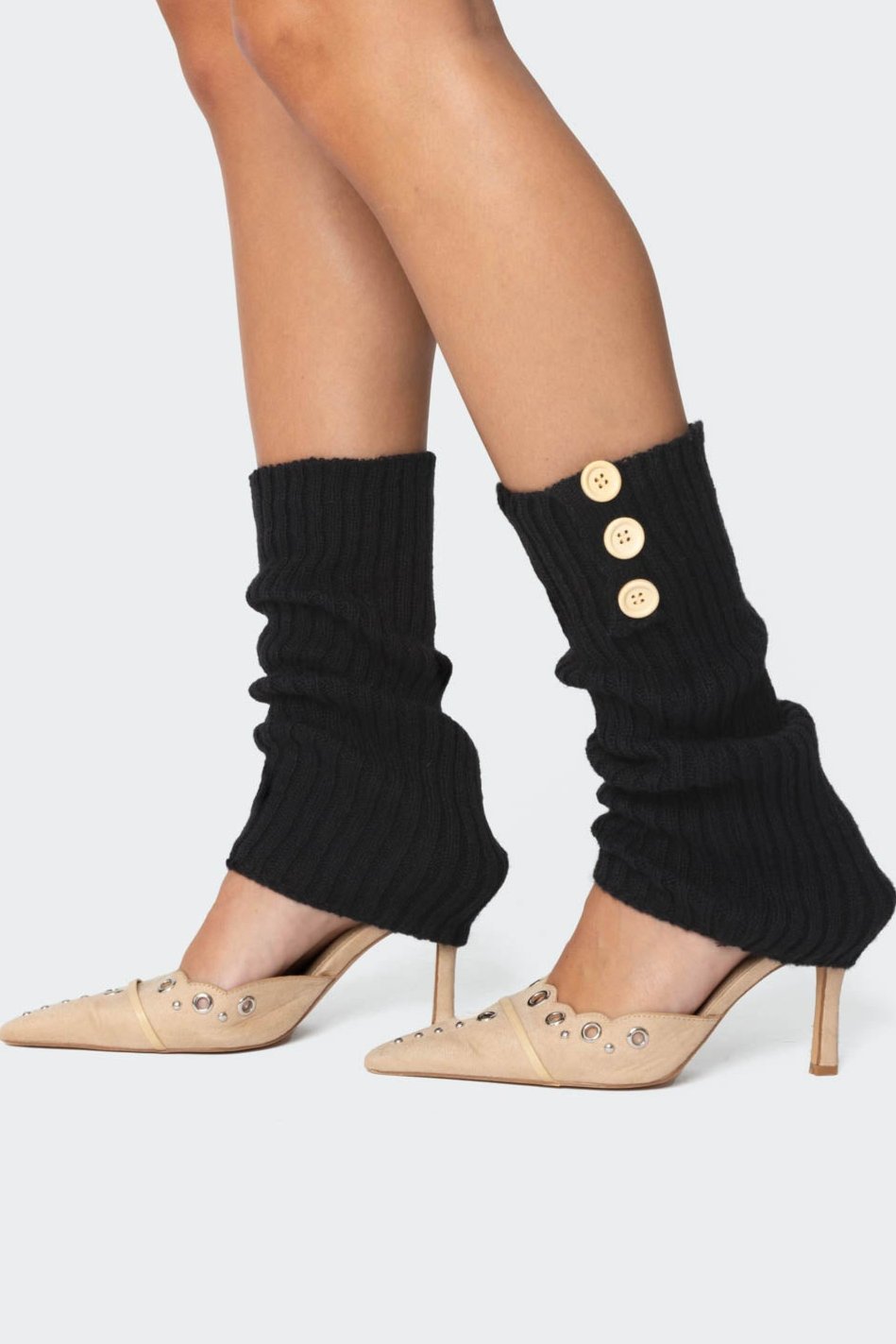 Knit Button Leg Warmers Black Knitted Cotton Spandex