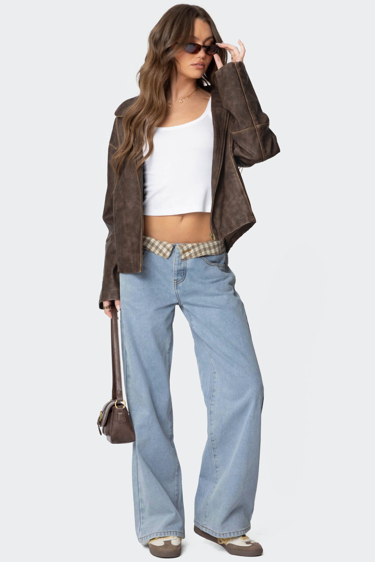 Light Blue Plaid Low Rise Denim Pants