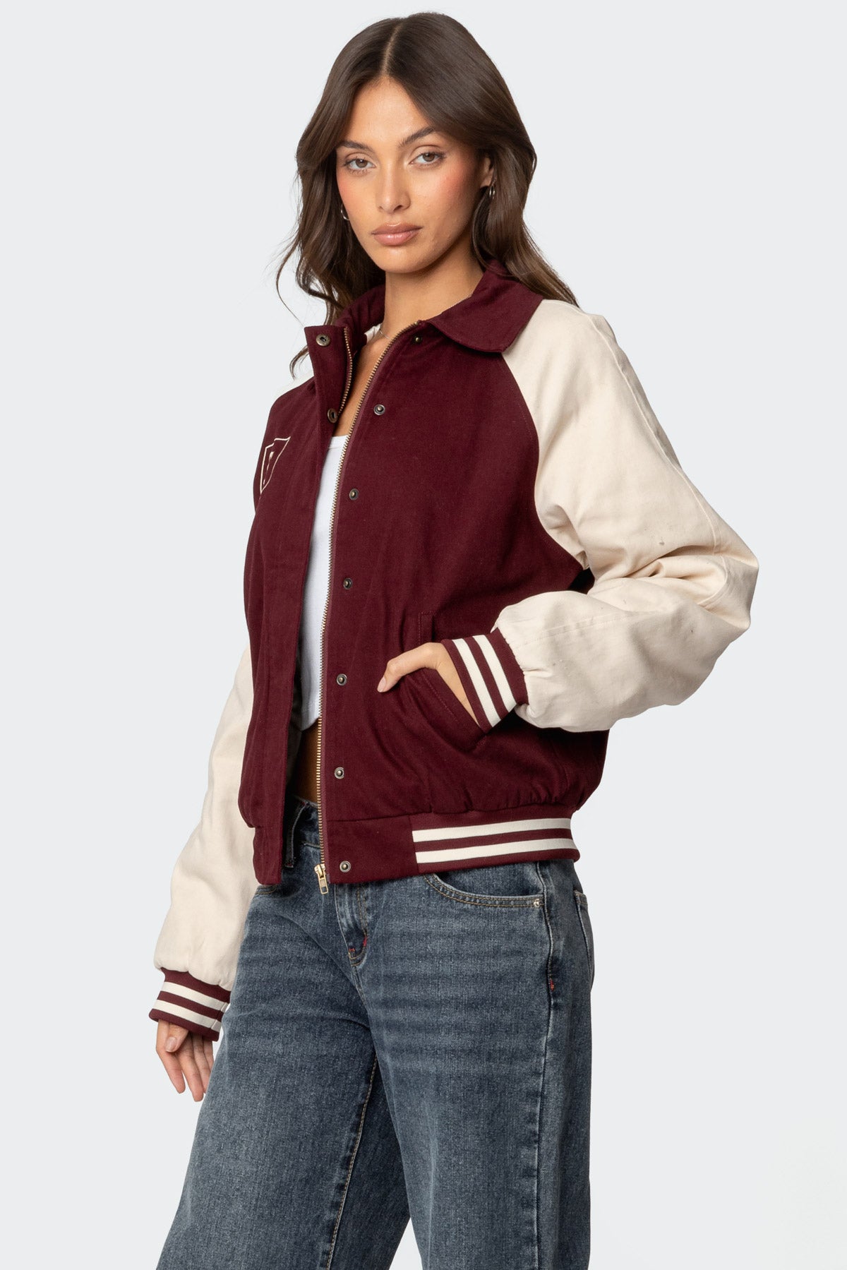 Burgundy Oversized Collared Bomber Jacket