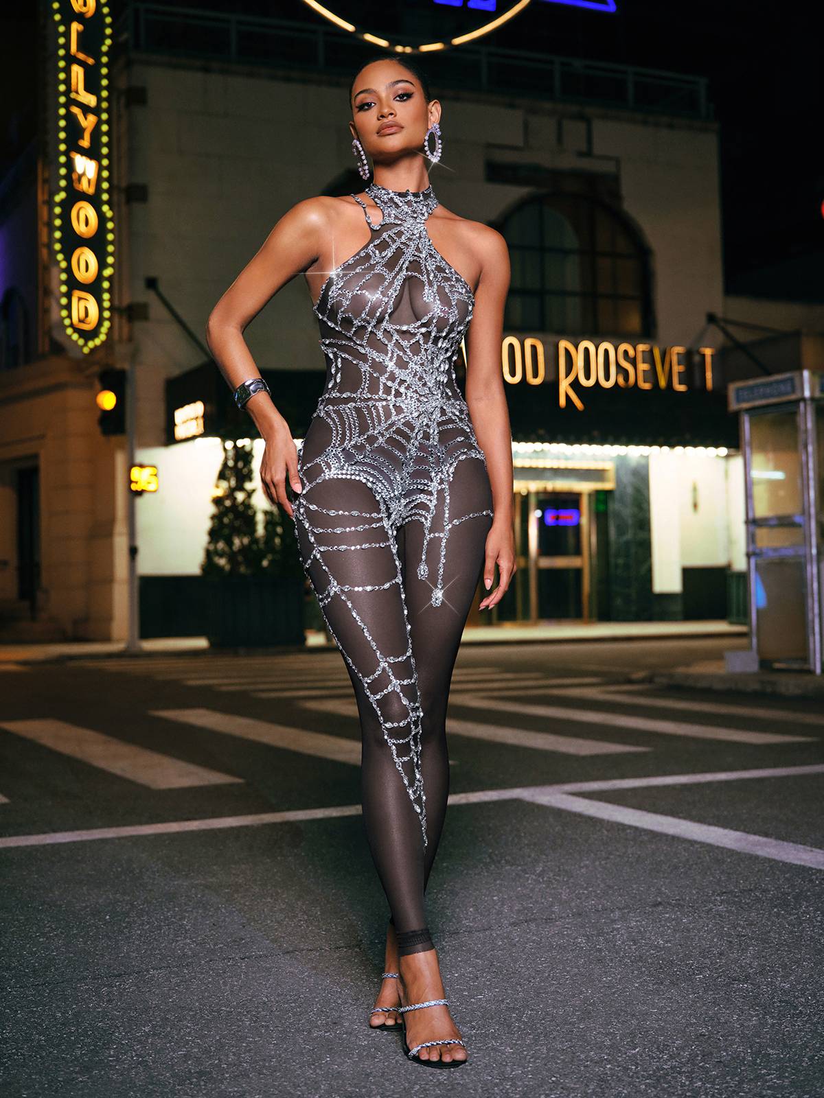 Black Mesh Rhinestone Jumpsuit with Cutout Design