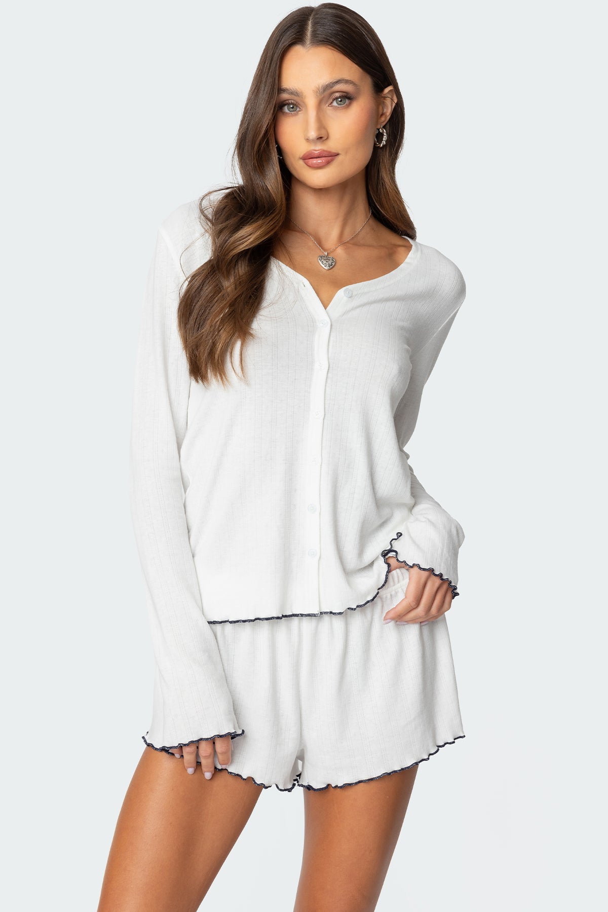 White Button Up Pointelle Top for Women