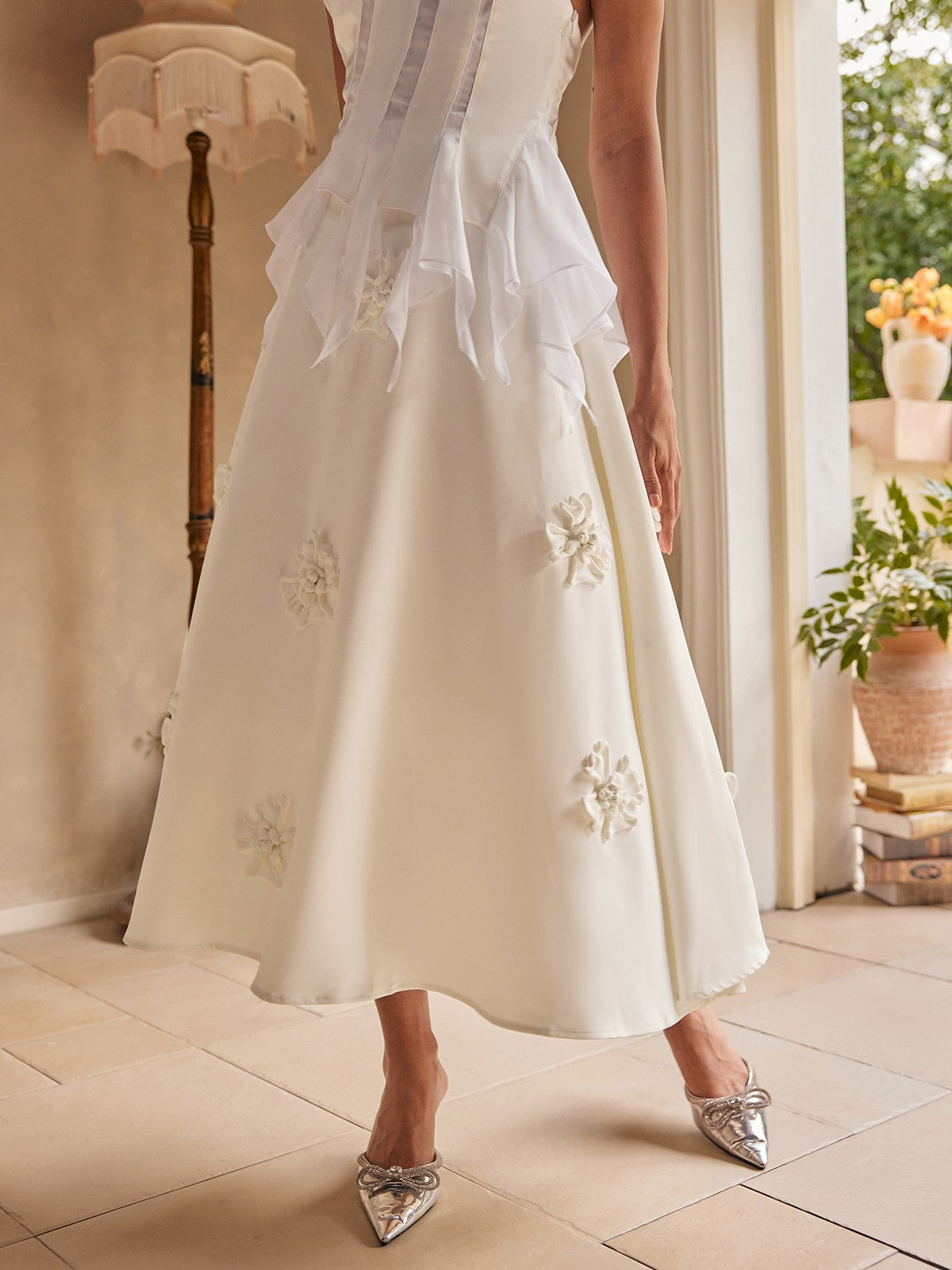 Delicate Floral A-Line Skirt - White French Style Clearance Skirt