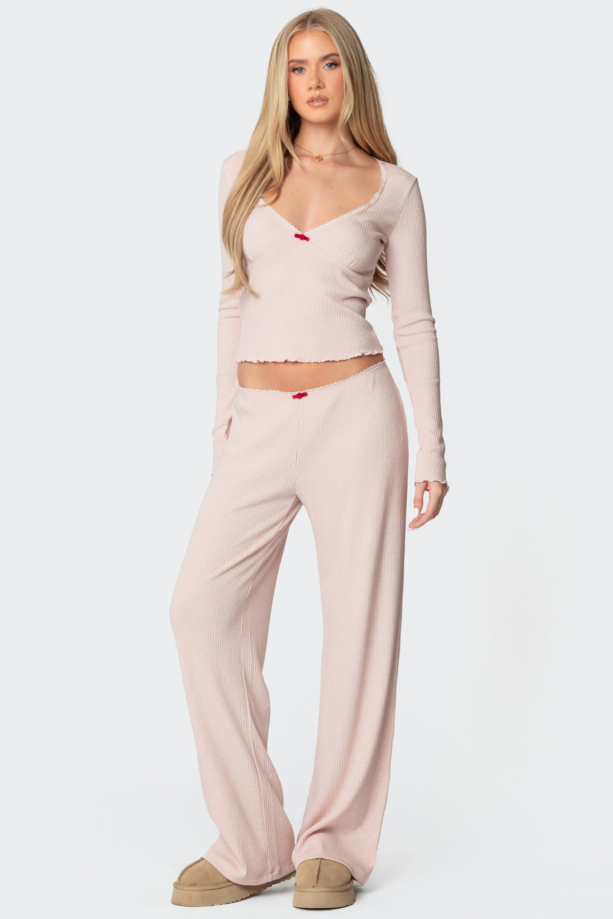 Light Pink Ribbed Lounge Pants - Comfortable Sleepwear