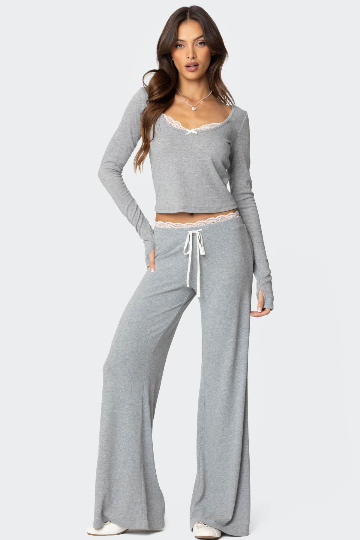 Gray Melange Lace Detail Sleepwear Pants