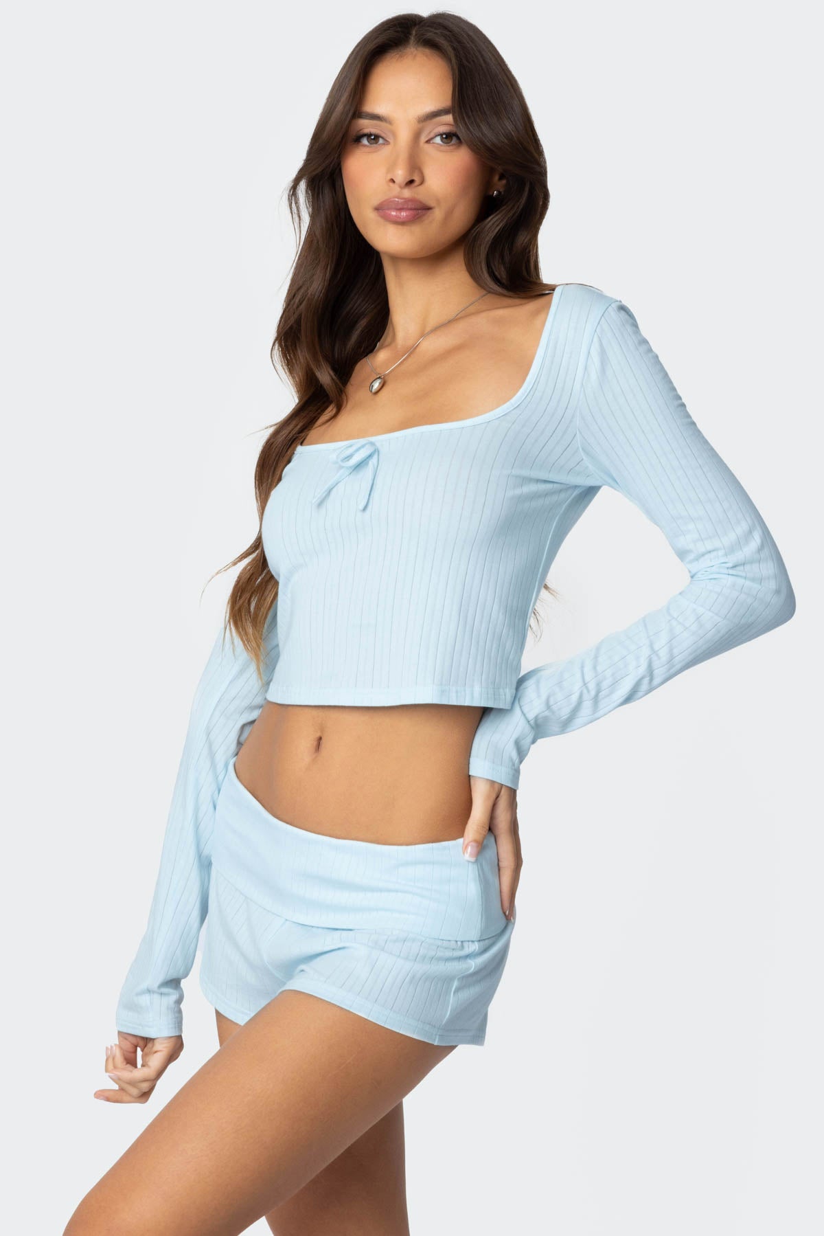 Ribbed Cotton Blend Sleepwear Top with Wide Neckline