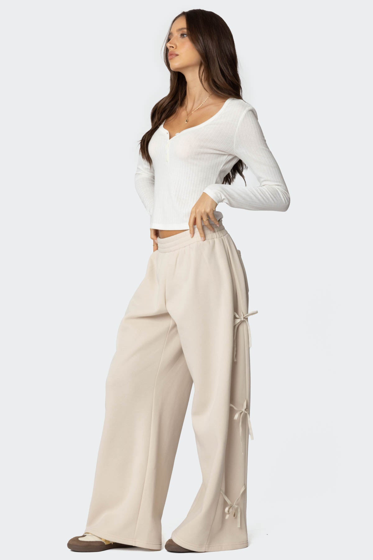 Cream Baggy Ribbon Sweatpants Womens Elastic Waistband